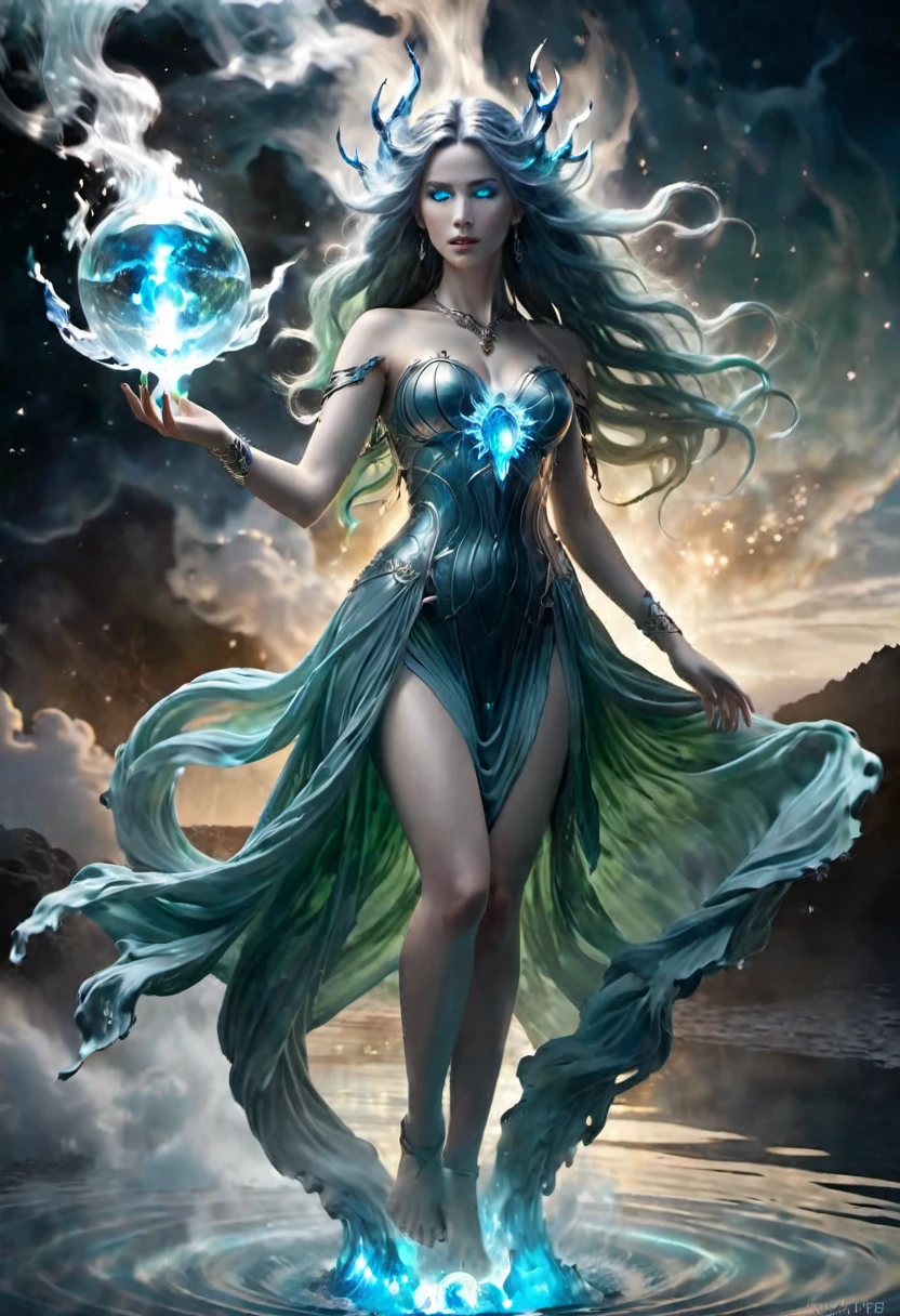 ((best quality)), ((masterpiece)), (detailed), perfect face Aphrodite, holding an astral orb, in wrath, mythical scene , water wrapped around body, full body, perfect body, perfect face, perfect hands, hold an blue flames astral orb, floating on fire, blue flames eyes, wavy long hair, body exposed, disclose, ethereal white dragon, ethereal water, ethereal, massive smoke, blue-green smoke, feet on clouds, UHD, ultra detailed, hyper realistic, surrealism, epic realism, shiny body, glowing skin, win whirl. 