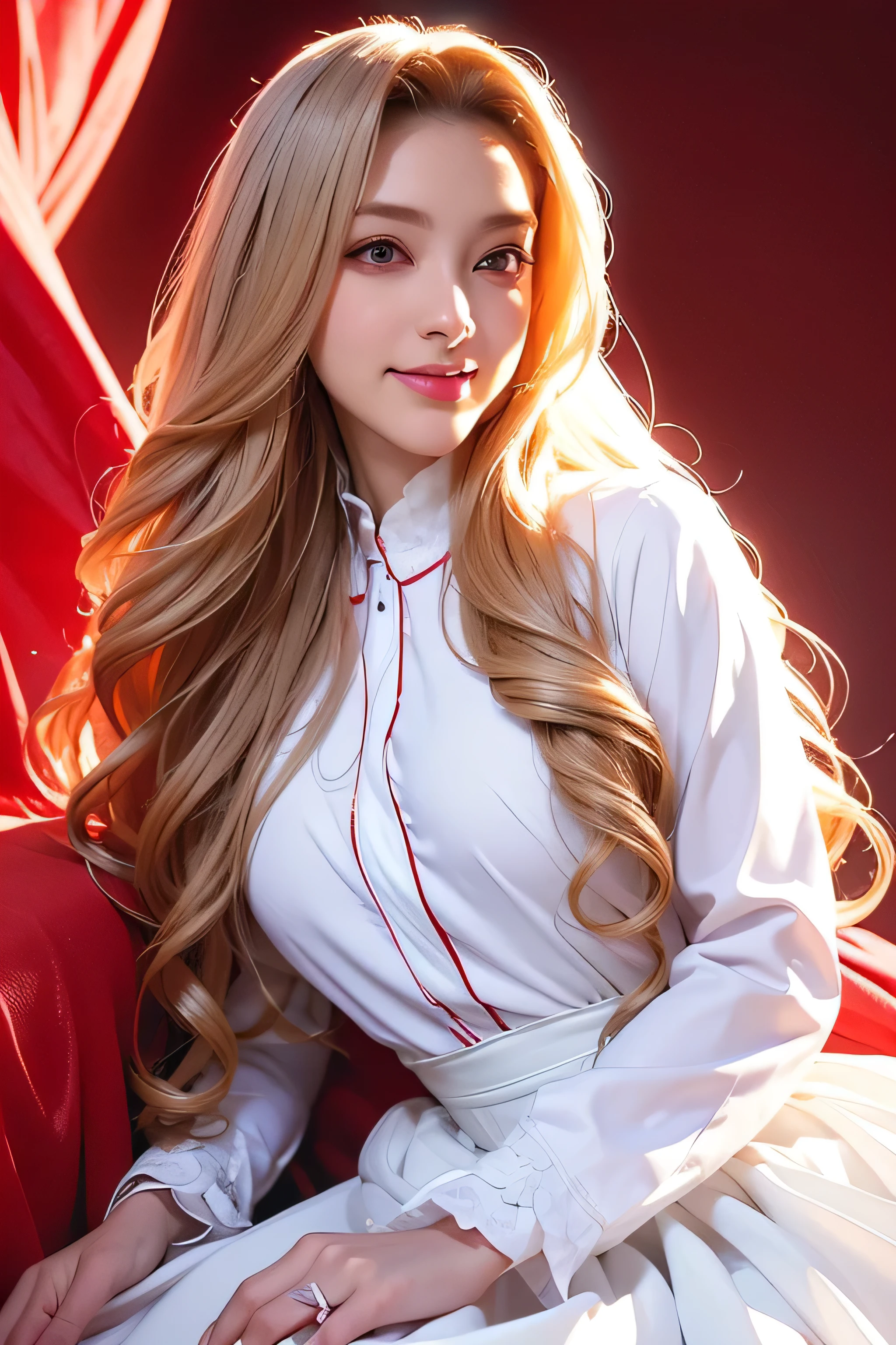 Beautiful 8 year old girl, Big eyes, Big Breasts, thin, 8k, highest quality, (Very detailed head: 1.0), (Highly detailed face: 1.0), (Very thin hair: 1.0), Maid clothes, High-resolution official artwork, Anime Moe Art Style, Beautiful and detailed anime art, smile, Blonde, Sleek Long Hair,((wearing a crimson suit, shirt, white skirt:1.2),