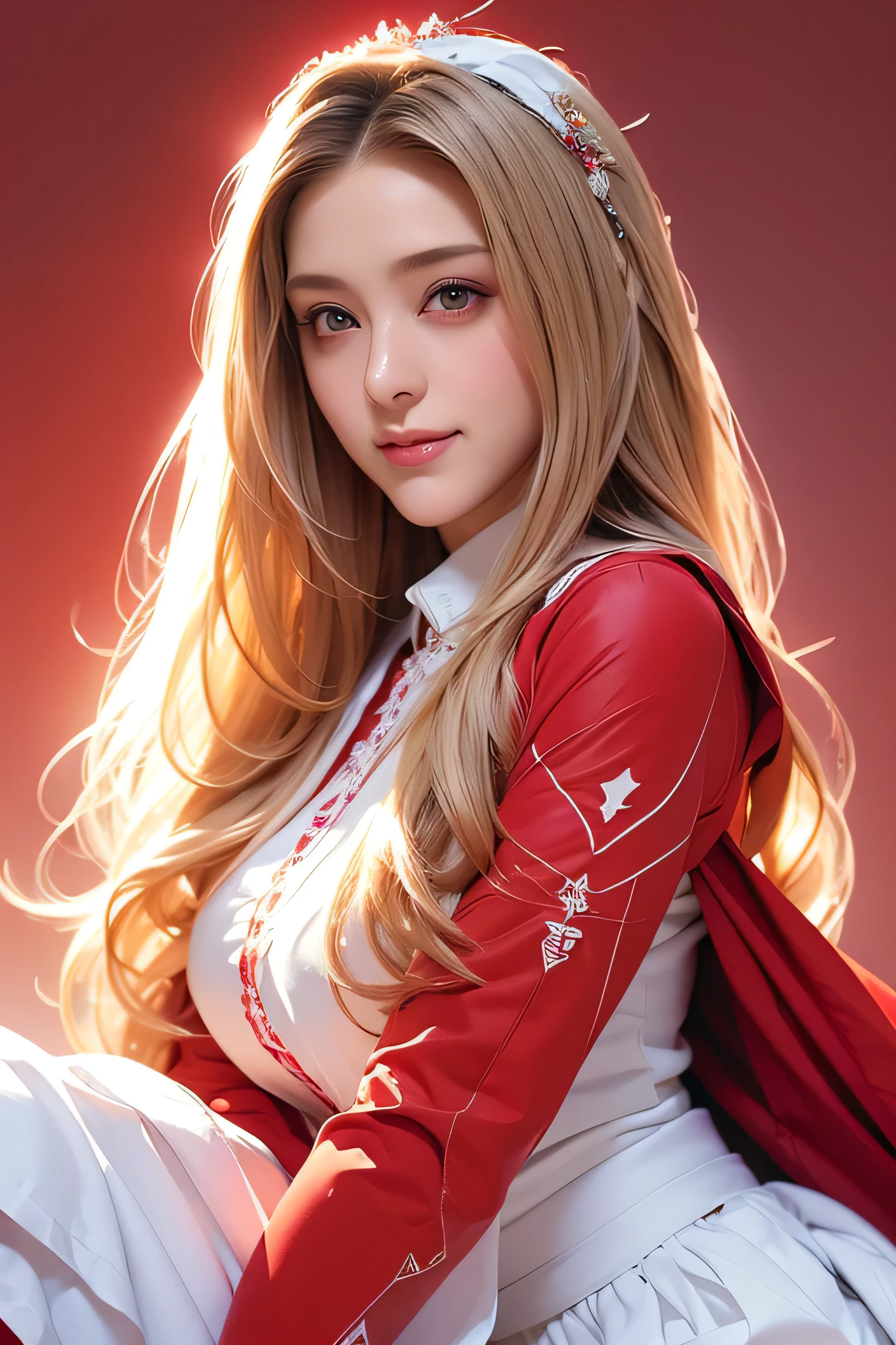 Beautiful 8 year old girl, Big eyes, Big Breasts, thin, 8k, highest quality, (Very detailed head: 1.0), (Highly detailed face: 1.0), (Very thin hair: 1.0), Maid clothes, High-resolution official artwork, Anime Moe Art Style, Beautiful and detailed anime art, smile, Blonde, Sleek Long Hair,((wearing a crimson suit, shirt, white skirt:1.2),