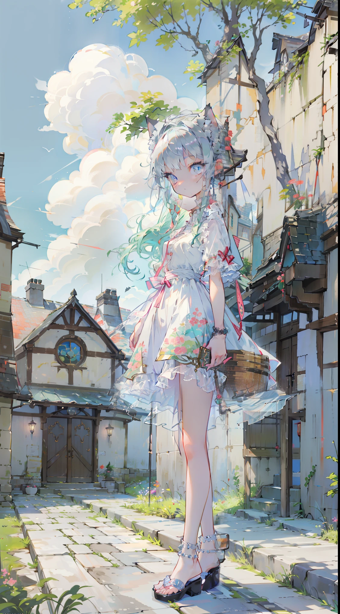 (Masterpiece, highest quality: 1.1), Ghibli style, solo, full body, standing pose with arms outstretched, cat ears, landscape, summer landscape, clouds, heroine, high heels, long hair, green hair, blue eyes, pink eyes, sparkling jewel-like eyes, long eyelashes, transparency, red jewel summer lace outfit, glass bottle body, glass girl, transparent, wavy hair