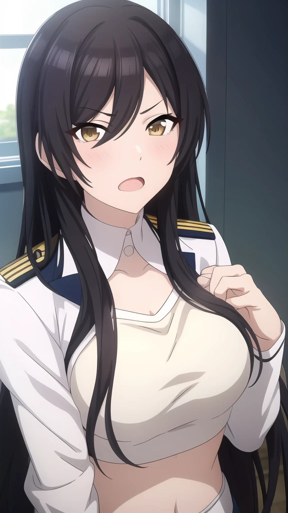 masterpiece, high quality, 8k, Beautiful lighting,sunny day, 1 girl, alone, ,((Open your mouth:1.1)), ,,((White bra)),(uniform）,（（Detailed eyes:1.5））,（（close up:1.5））,,, ((Upper Body)),,,Detailed face,((Mid-chest)),,((squinting)),　Yellow Eyes, blush,　shirase sakuya　,　　View your viewers