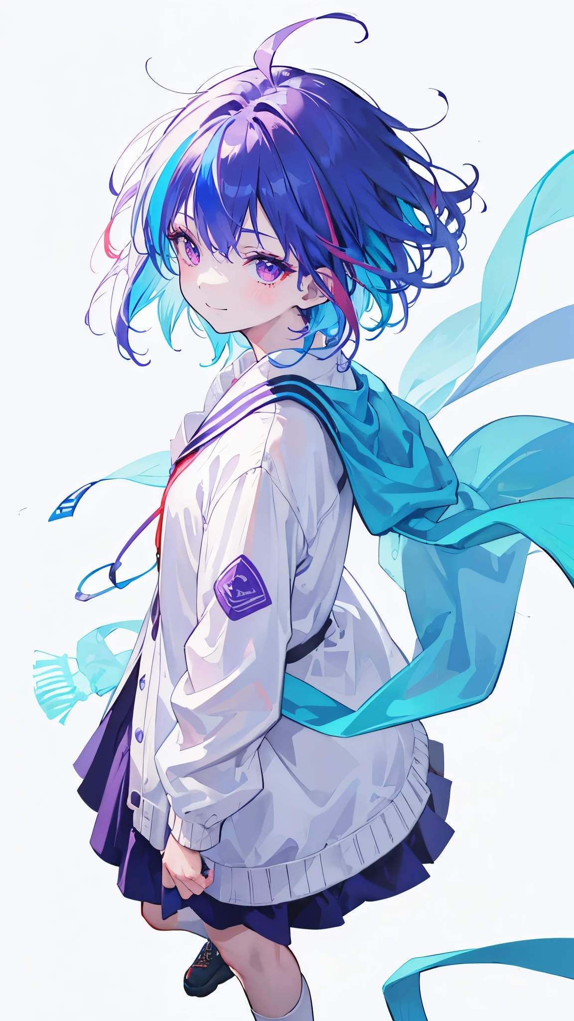 best quality, high quality, 1girl, from above, side view, smiling, walking, short hair, multicolored hair, light blue hair, purple hair, streaked hair, red eyes, blue cardigan, fair skin, boyish, full body, (solid white background:1.4)
