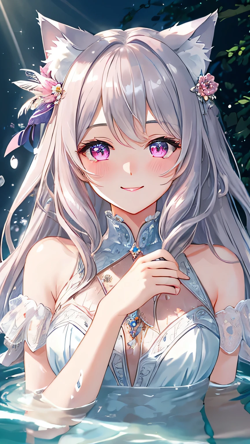 masterpiece,highest quality,Highly detailed face, water effects、Light effects、Feather Effect,Sparkling eyes,Highlighted eyes, Medium chest,pretty girl,smile,Embarrassed,Cat ear,Beautiful silver hair,Pink inside,Beautiful pink eyes