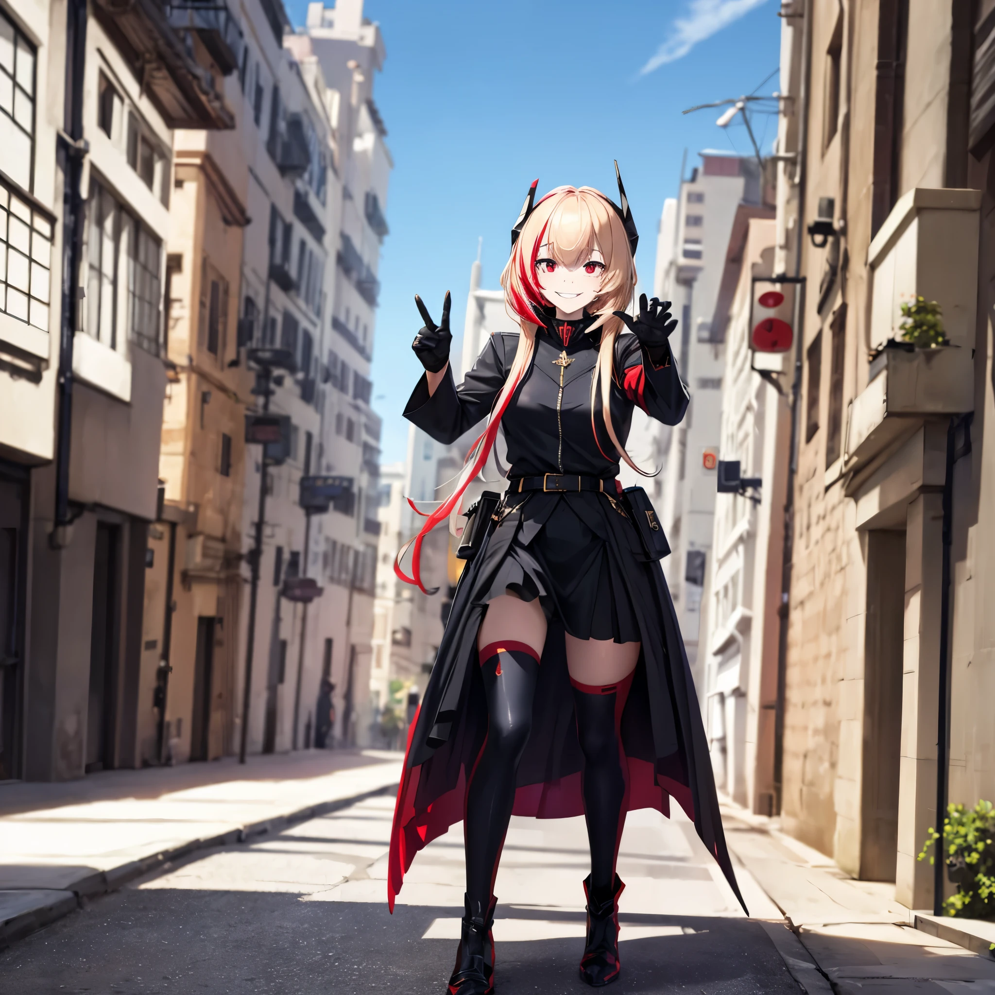 A woman wearing a black uniform with red details, black metal boots, metal gloves, blonde hair, red bangs, red eyes, smiling, full body, walking on the sidewalk outside a military base, stereogram, tachi-e, point of view, atmospheric perspective, 8k, superdetail, accurate, best quality, award-winning, textured skin, high resolution, anatomically correct, bokeh effect, ((woman solo).
