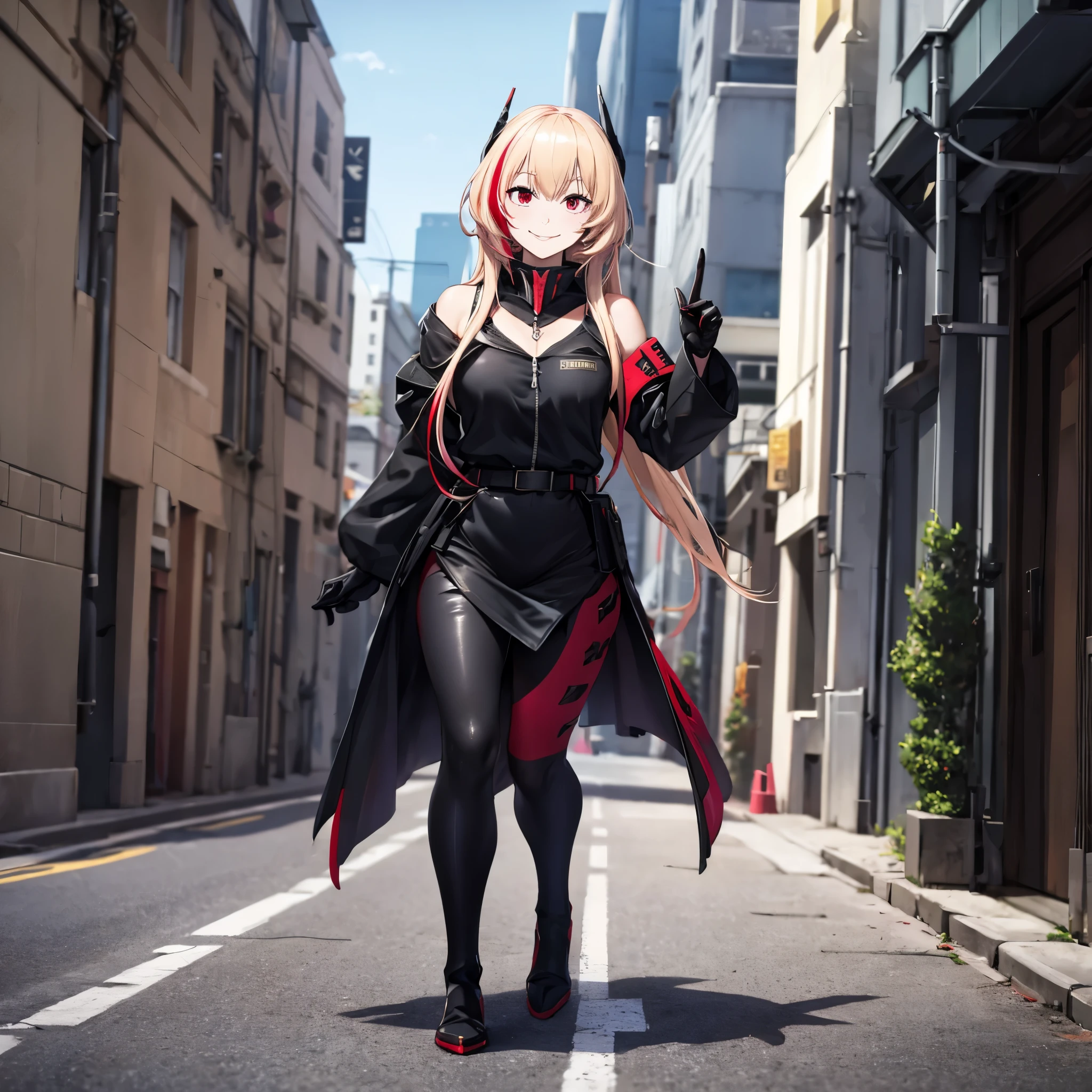 A woman wearing a black uniform with red details, black metal boots, metal gloves, blonde hair, red bangs, red eyes, smiling, full body, walking on the sidewalk outside a military base, stereogram, tachi-e, point of view, atmospheric perspective, 8k, superdetail, accurate, best quality, award-winning, textured skin, high resolution, anatomically correct, bokeh effect, ((woman solo).
