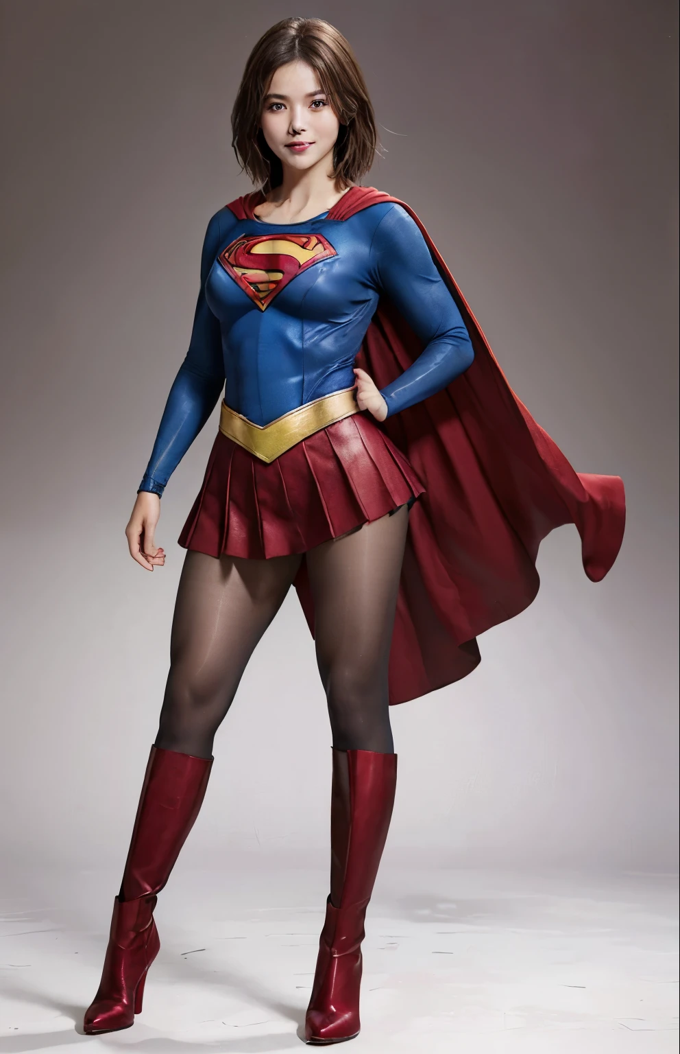 No background、(((Beautiful legs in black tights.)))、(((Legally express the beauty of your smile)))、((((Make the most of your original images)))、(((Body-hugging Supergirl costume)))、(((Supergirl Costume)))、(((Beautiful short bob hair)))、(((She is winking cutely.)))、(((Please wear black tights....、Wear red boots)))、((Best image quality、8k))、((highest quality、8k、masterpiece:1.3))、(((Preserve background )))、Sharp focus:1.2、Beautiful woman with perfect figure:1.4、Slim Abs:1.2、Wet body:1.5、Highly detailed face and skin texture、8k