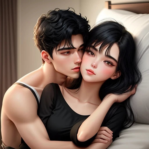 men and women, in the bed, kissing kiss, staring intently to eyes. Man Hugging from back and kissing, Lovers. Hand on the waist. Hand on the neck. Hand on the face.
20-year-old boy and 18-year-old girl, Detailed face, Detailed eyes, double eyelid, cute, sunny, warm, Handsome-cool-warm-boy with black hair and hot-seductive-sexy-cute-beautiful-girl with black hair and blushing face use sexy clothes. Intimate vibes.