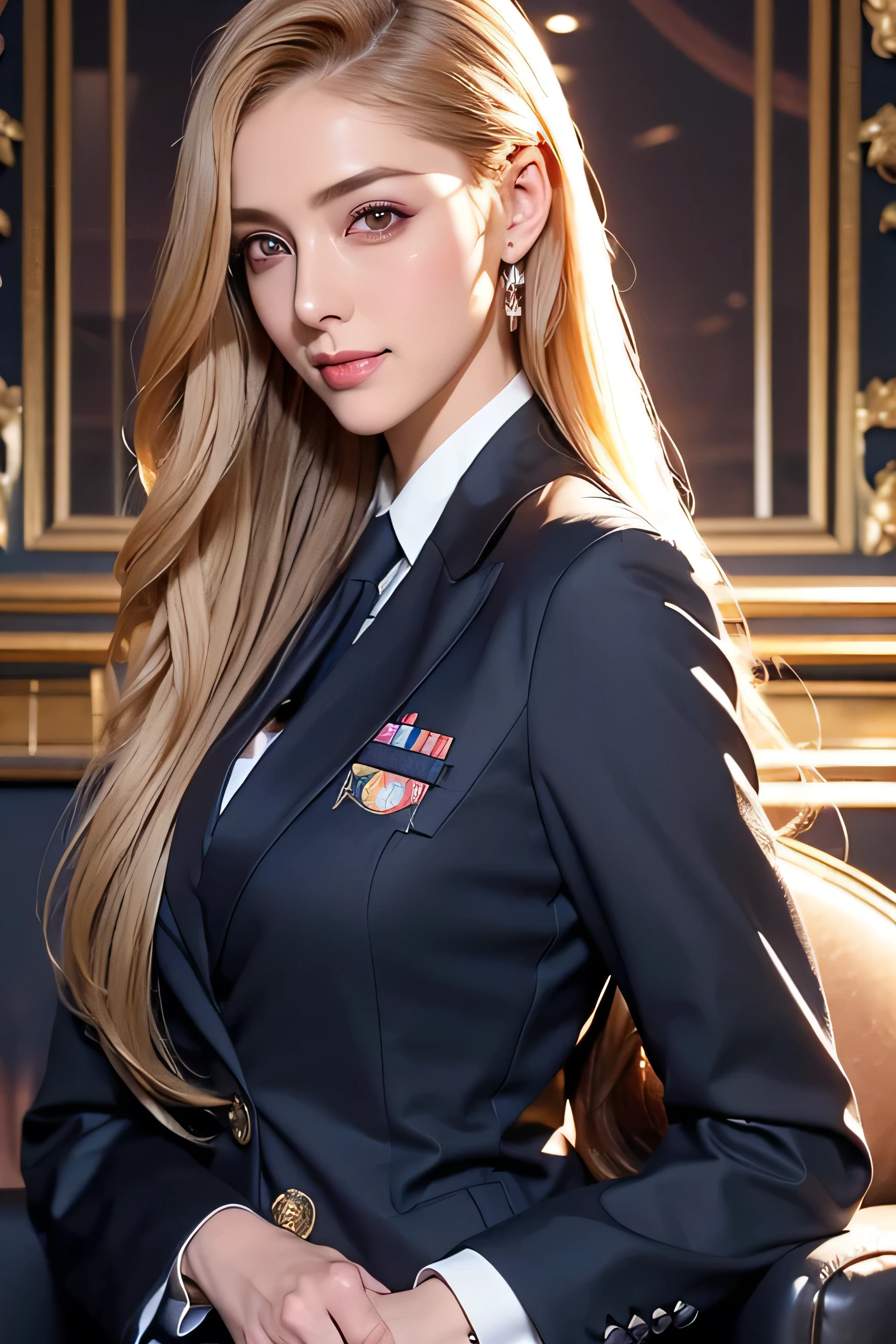 Beautiful 8 year old girl, Big eyes, Big Breasts, thin, 8k, highest quality, (Very detailed head: 1.0), (Highly detailed face: 1.0), (Very thin hair: 1.0), Maid clothes, High-resolution official artwork, Anime Moe Art Style, Beautiful and detailed anime art, smile, Blonde, Sleek Long Hair,((Women's Suits:1.3),((in a business suit:1.3)), 