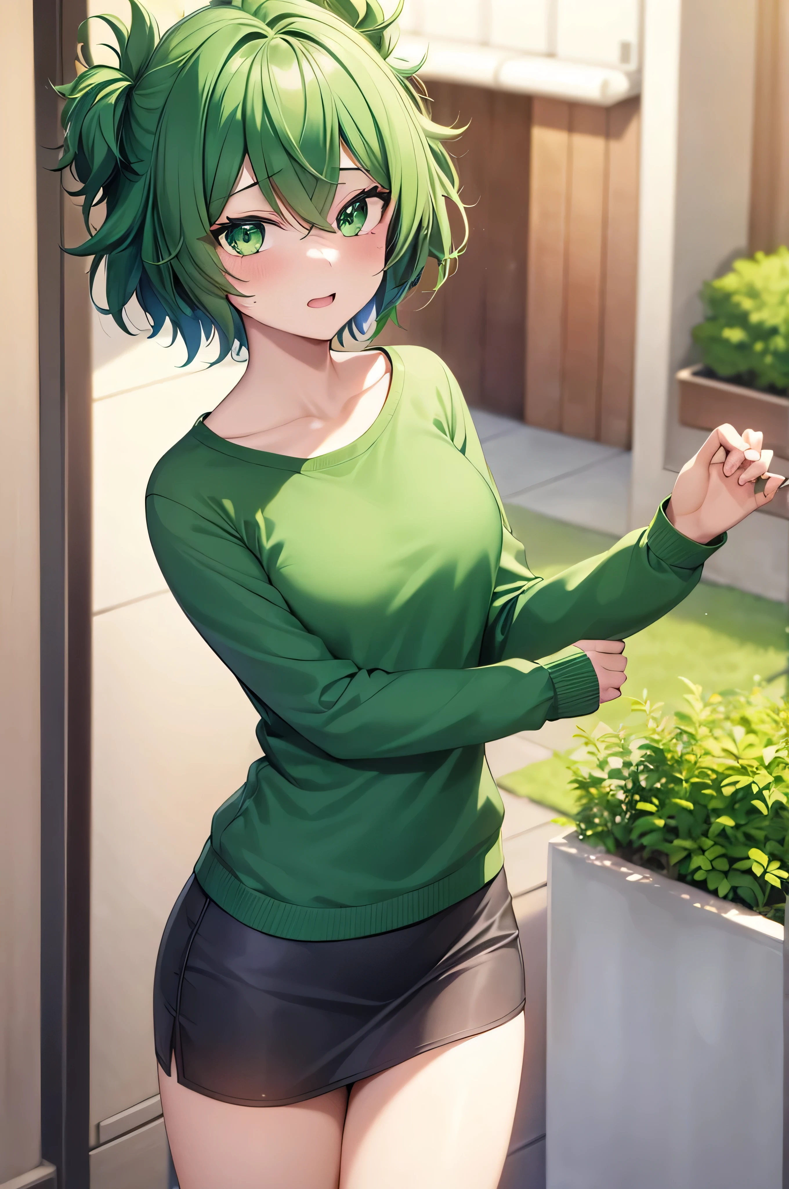 1 girl, izuku midoria as a girl, deku genderswap, female izuku midoria, izuku midoria genderbend (anime my hero academia) genderswap, female/girl/woman, feminine features, feminine body, cute, short green hair, green hair, short hair, green eyes, beautiful eyes, feminine blue eyes, girly outfit, modern clothes, nice clothes, fashionable outfit, ultrasharp, 4k picture, highly detailed, beautiful, (anime)
