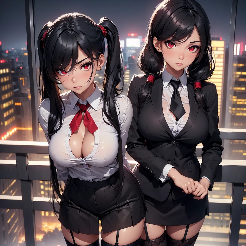 ((Best quality, 8k, Masterpiece :1.3)), Whole body, Sharp focus :1.2, A sexy pretty woman with perfect figure :1.4, sexy body, alone, 1 girl, ((red eyes, long eyelashes, long black hair, twintails hair, Big breasts :1.2)), shiny skin, body dress :1.1, (Night city view, Modern balcony :1.1), Highly detailed face and skin texture, Detailed eyes, OL Uniform, Office Wear, neck tie, white shirt, exposed cleavage, garter belts, stockings, Interior Scene, Office