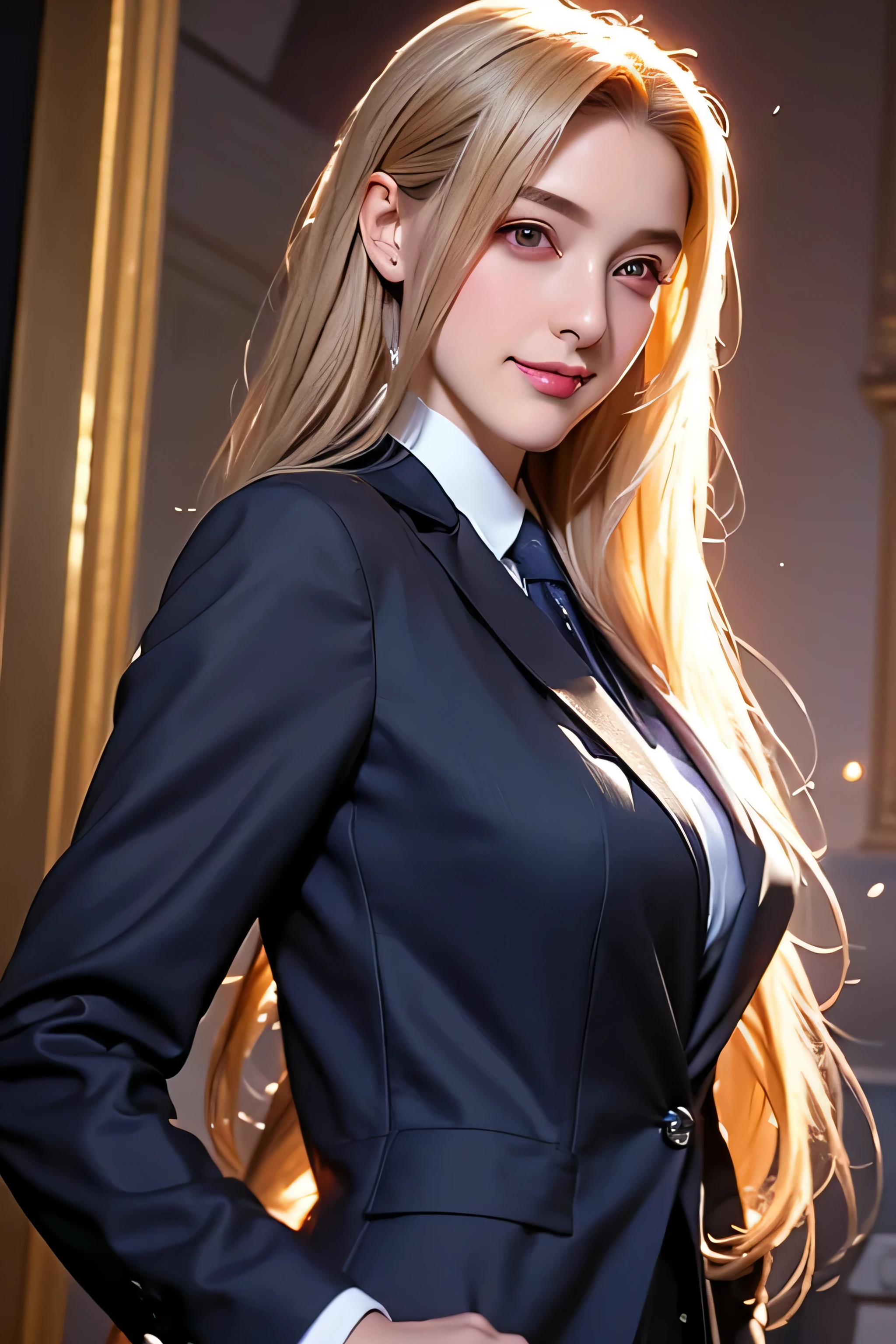 Beautiful 8 year old girl, Big eyes, Big Breasts, thin, 8k, highest quality, (Very detailed head: 1.0), (Highly detailed face: 1.0), (Very thin hair: 1.0), Maid clothes, High-resolution official artwork, Anime Moe Art Style, Beautiful and detailed anime art, smile, Blonde, Sleek Long Hair,((Women's Suits:1.3),((in a business suit:1.3)),