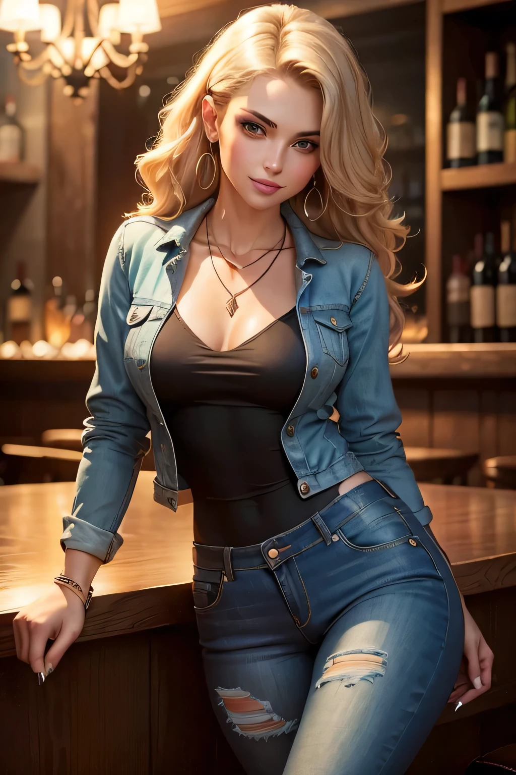 beautiful girl in a denim suit,sitting at the bar,classic medium,soft denim fabric,trendy denim jacket,tight-fitting jeans,stylish,chic,detailed stitching,designer's touch,leather boots,high heels,dangling earrings,delicate necklace,wavy blond hair,perfectly styled,subtle highlights,smoky eye makeup,pouty lips,sparkling nail polish,confident smile,mood lighting,classy atmosphere,contemporary bar decor,elegant cocktail glasses,craftsmanship details,masterpiece:1.2,Ultra-detailed scene,high-res photography,studio lighting,bold colors,moody vibes