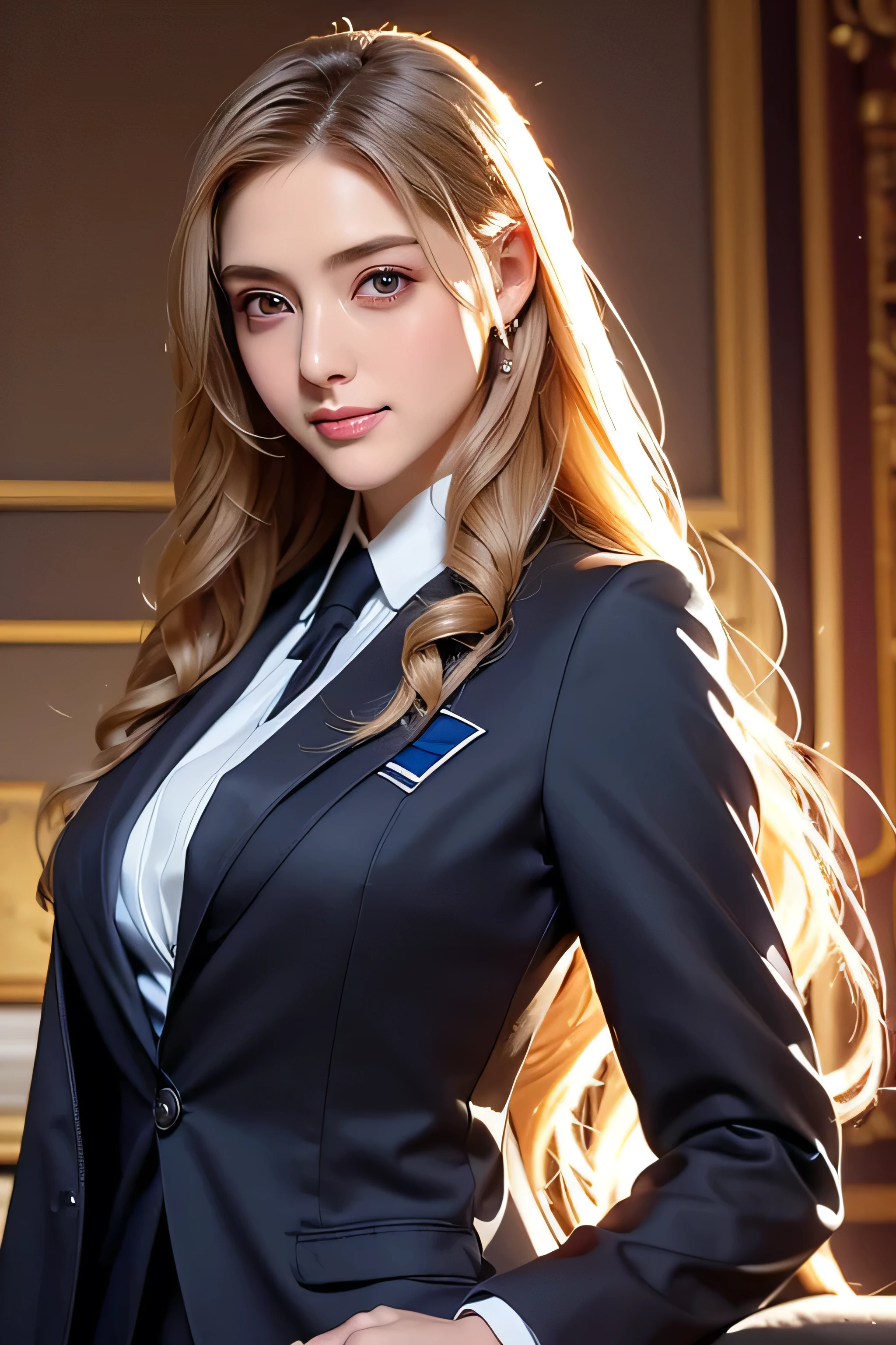Beautiful 8 year old girl, Big eyes, Big Breasts, thin, 8k, highest quality, (Very detailed head: 1.0), (Highly detailed face: 1.0), (Very thin hair: 1.0), Maid clothes, High-resolution official artwork, Anime Moe Art Style, Beautiful and detailed anime art, smile, Blonde, Sleek Long Hair,((Women's Suits:1.3),((in a business suit:1.3)),
