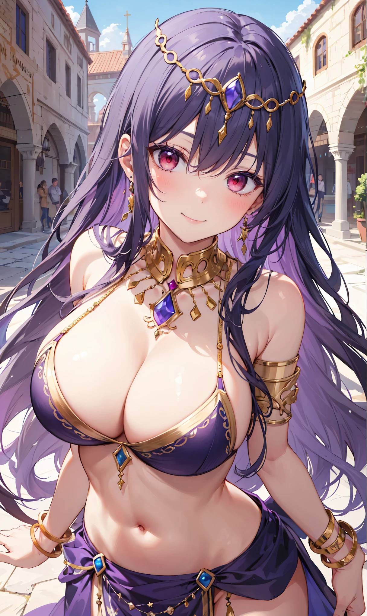 high quality, ultra detailed, best quality, insanely detailed, beautiful, masterpiece, 1girl, medieval plaza, cowboy shot, red eyes, long hair, purple hair, belly dancer, circlet, earrings, armlets, bracelets, bashful smile, large breasts, cleavage, soft stomach