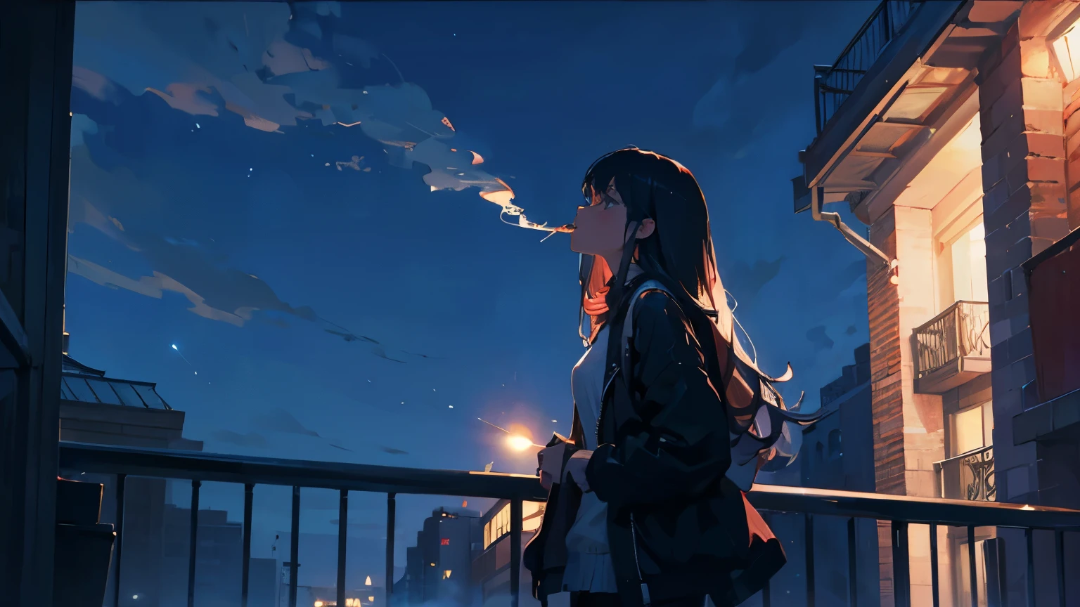 Cool girl smoking a cigarette on the balcony looking up outside Long Hair Night Sky Looks lonely