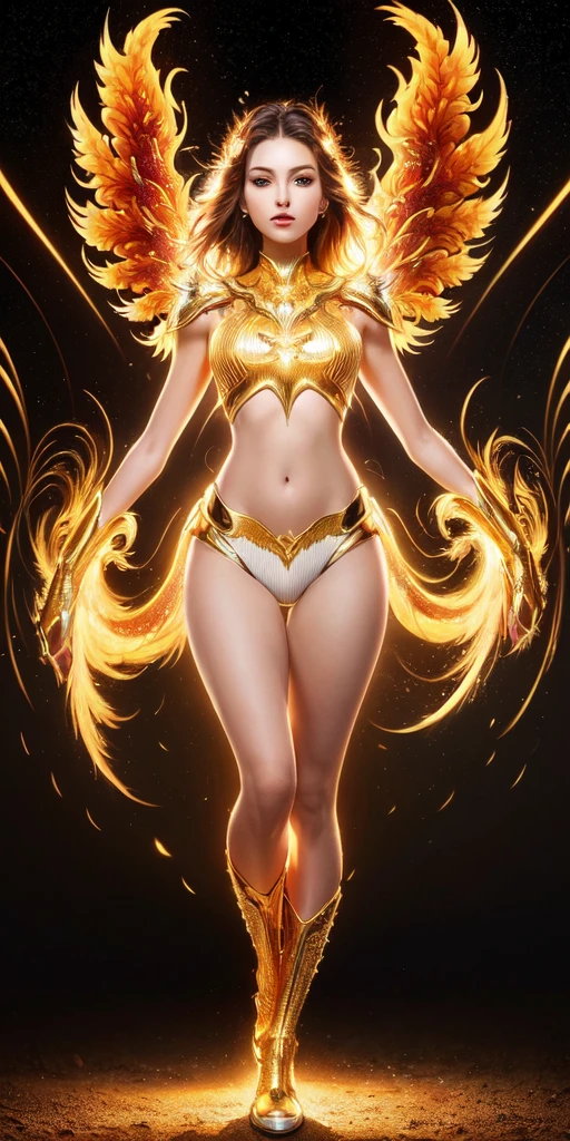 (Artwork, Top Quality, Best Quality, Official Art, Beautiful & Aesthetic:1.2), (1 Girl), (Full Body), Extremely Detailed Eyes, (Fractal Art:1.3), Colorful, Most Detailed, (Perfect Face), Glowing Skin, HDR, (White Mantle Golden Lines:1.2), Galaxy, (Light Stripes), Stunning Visuals, (Dynamic Stripes, Light Trails:1.2), Vibrant Colors, (Phoenix)
