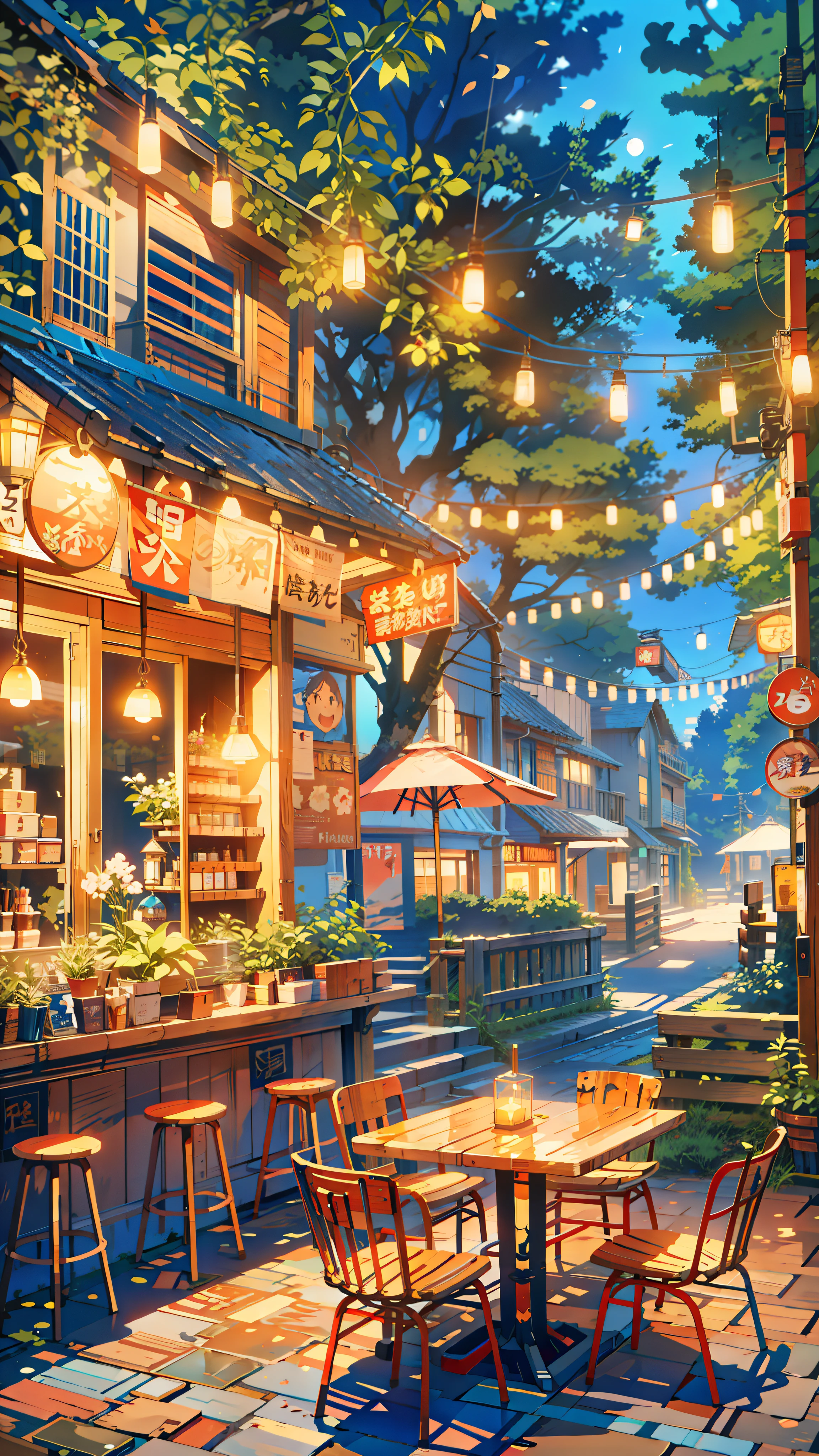 a street restaurant with tables and chairs in the woods, cozy cafe background, pleasant cozy atmosphere, anime atmospheric, dream atmosphere, cozy atmosphere, soft neon atmosphere, anime scenery, cgsociety 9, by Evgeny Lushpin, neon ambiance, dream - like atmosphere, neon ambience, dream-like atmosphere, beautiful kawaii lighting, anime asthetic, anime background, anime aesthetic, anime. by makoto shinkai, hd anime cityscape, anime scenery concept art, anime scenery, style of makoto shinkai, makoto shinkai art style, anime. by makoto shinkai, by Makoto Shinkai, by makoto shinkai, anime scenery, kyoto animation, 4k hd,, beautiful art uhd 4 k, a beautiful artwork illustration, beautiful digital painting, highly detailed digital painting, beautiful digital artwork, detailed painting 4 k, very detailed digital painting, rich picturesque colors, gorgeous digital painting, saturated, no human