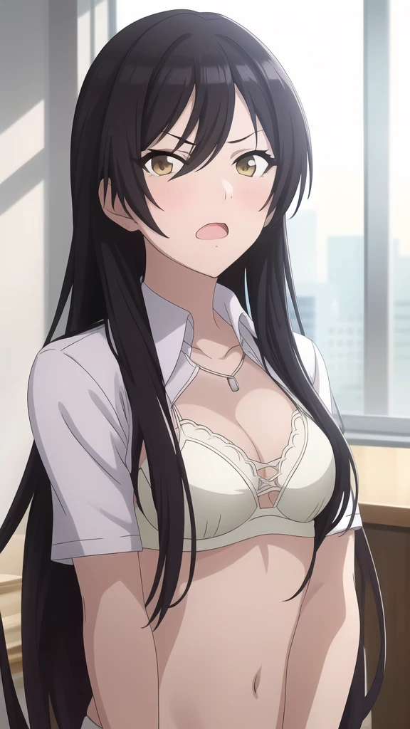 masterpiece, high quality, 8k, Beautiful lighting,sunny day, 1 girl, alone, ,((Open your mouth:1.1)), ,,((White bra:1.5)),(School Uniform),((Detailed eyes:1.5)),((close up:1.5)),,, ((Upper Body)),,,Detailed face,((Mid-chest)),,((squinting)), Yellow Eyes, blush, shirase sakuya , View your viewers