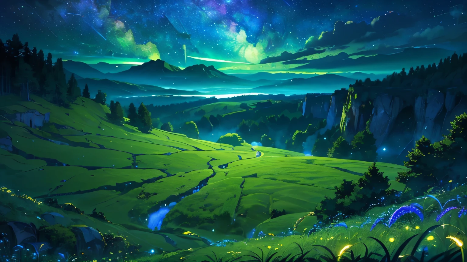 Vast green land, Strange literature, Bright colors, The starry sky is dotted, Various harmonious clouds, Overlooking steep cliffs, large mountains, Forest grass, lush, Strong perspective, Strong depth, Strong sense of depth and proximity, Strange graphics, Strong impact, Strong sense of color and light and dark impact，Strong light feeling，Photographic views