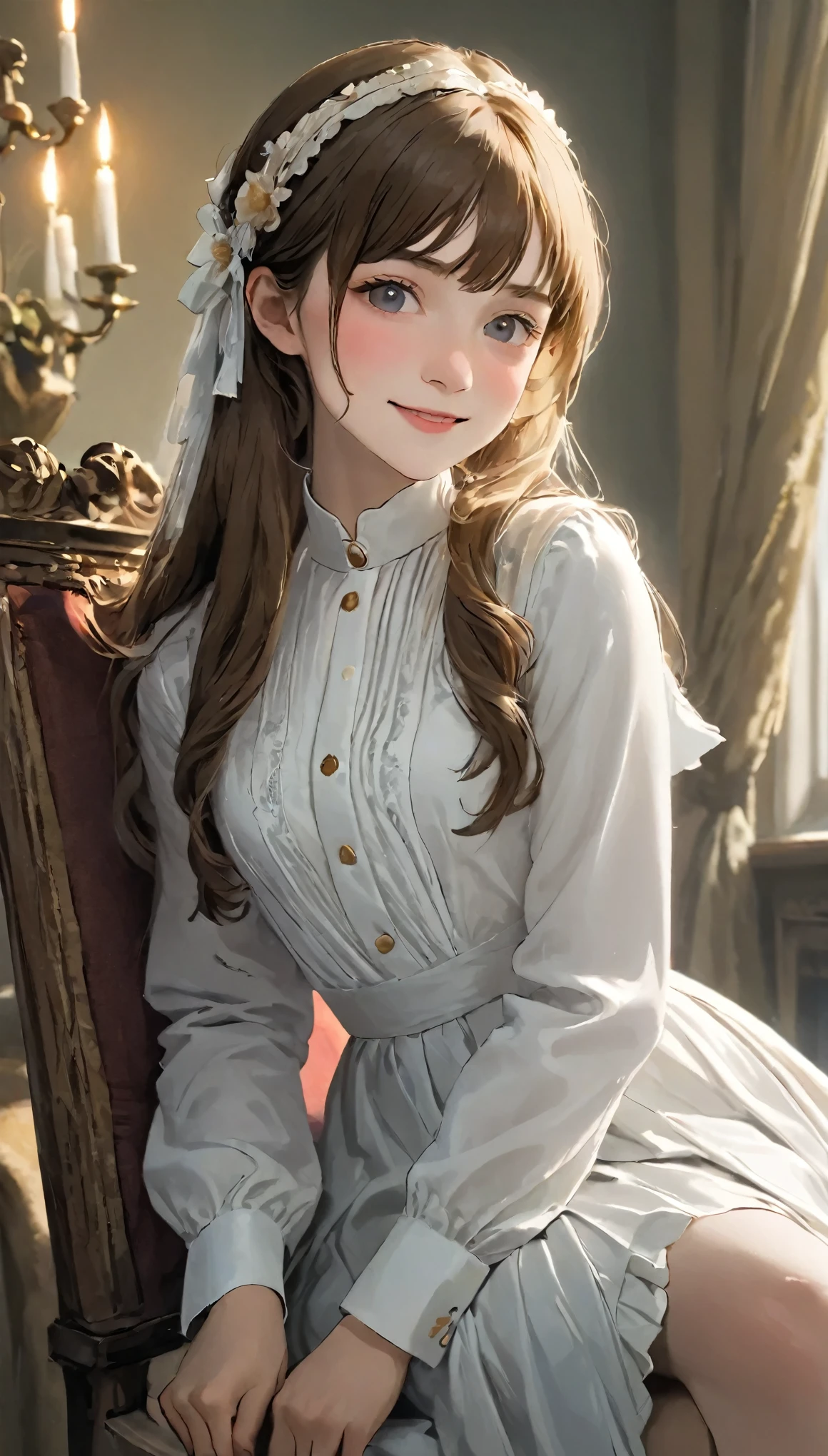 Florence Nightingale, (Ballet Costumes), Sitting in a chair, Smiling for the camera, White formal shirt, Loose collar button, Swollen nipples, Long, loose hair, (Delicate illustrations: 1.4), (Renaissance art: 1.4), (Ultra-high resolution: 1.2), (Photorealism: 1.4), (8k, RAW Photos: 1.2), (Soft Focus: 1.4), ( 18-year-old: 1.3), (Sharp focus: 1.4), Beautiful face with attention to detail, Pure rose face_v1