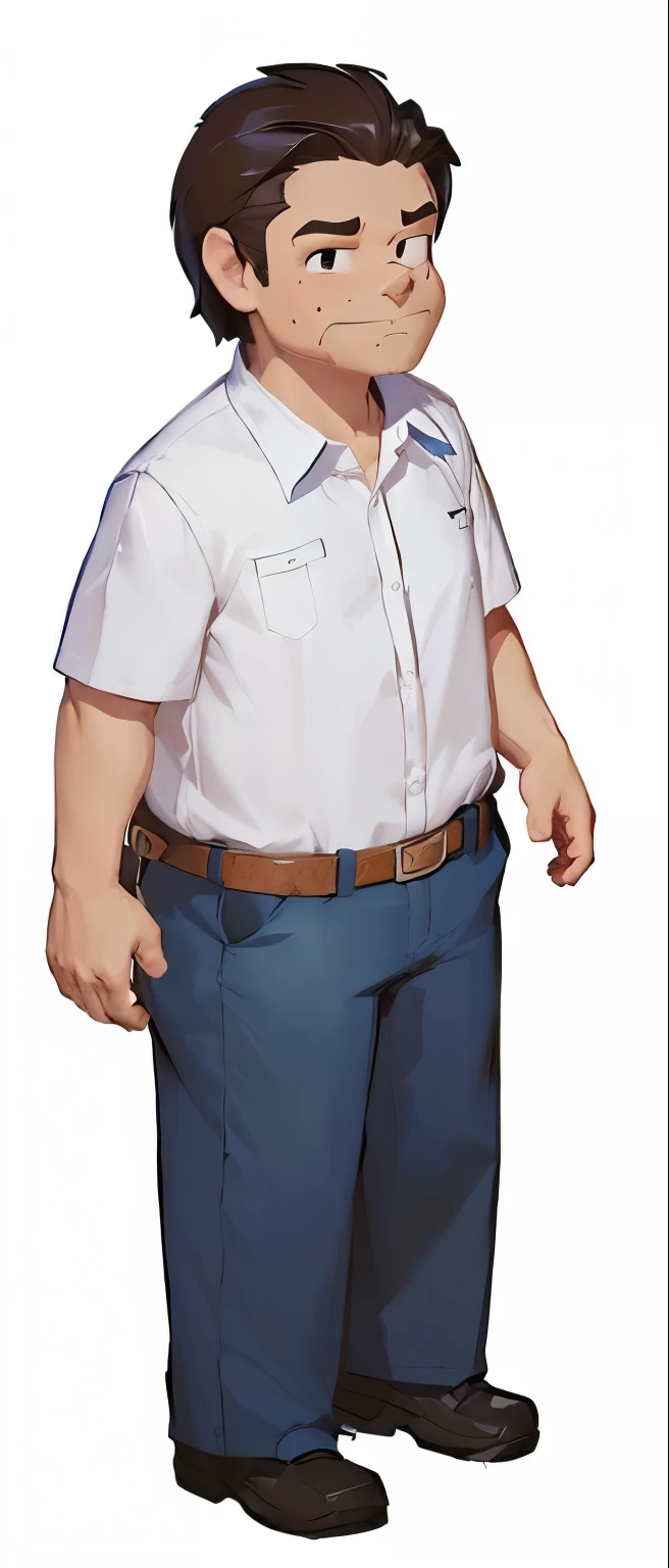 Wearing a white shirt and blue pants、Cartoon man standing with hands in pockets, Official Character Art, Full body portrait, Full body portrait, 人物Full body portrait, 短篇Full body portrait!, Full body portrait, Visual Novel Genie, ( ( Character Concept Art ) ), Official character illustrations, Official illustrations, Full body photo of Steve, Single character full body