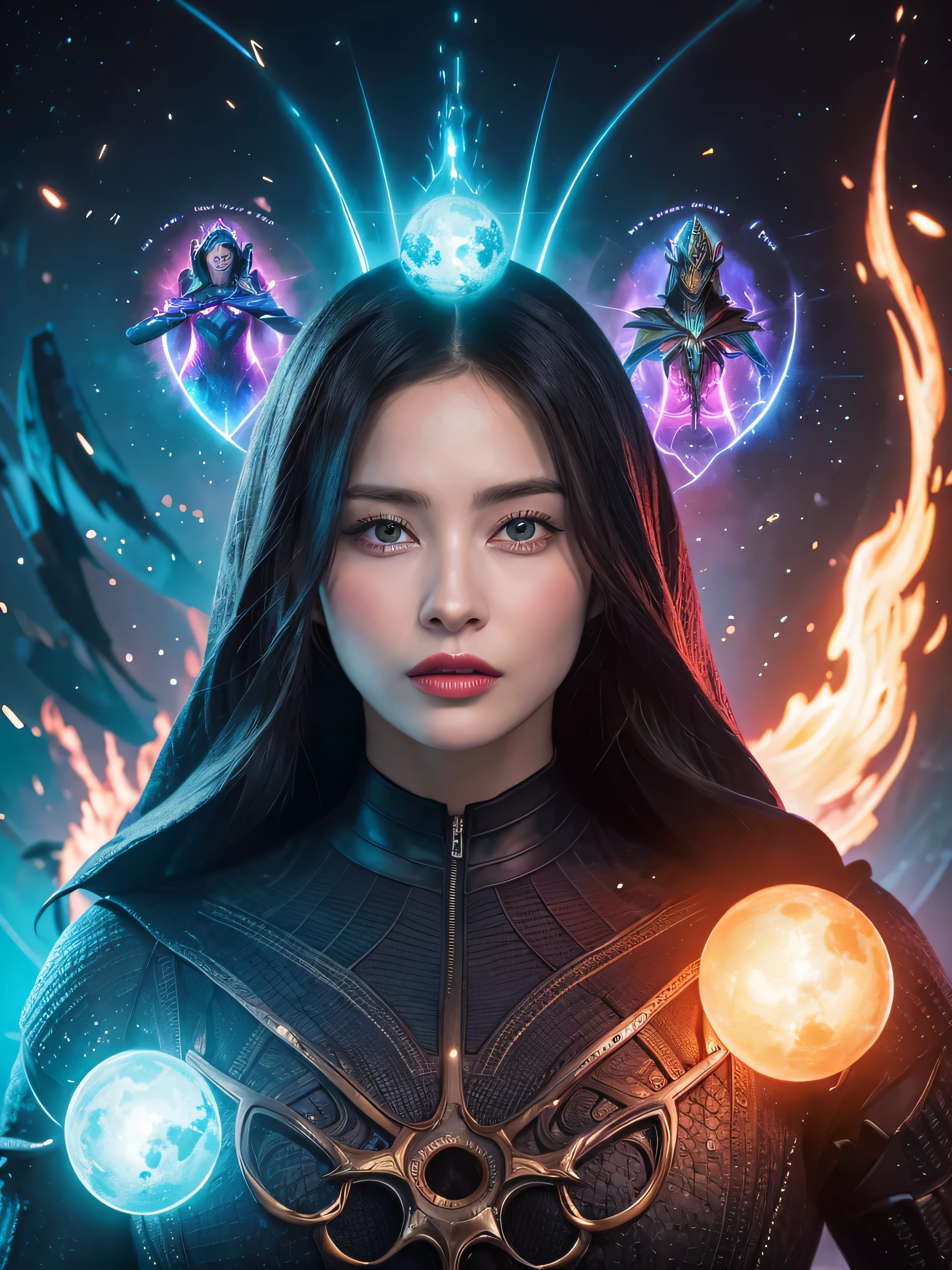 arafed image of a woman in a sci - fiction scene, android jones and chris dyer, portrait of sofia vergara, square enix cinematic art, movie promotional image, shot on imax, muspelheim, protagonist in foreground, paul atreides, imax render, evil sorceress, ellora, imax