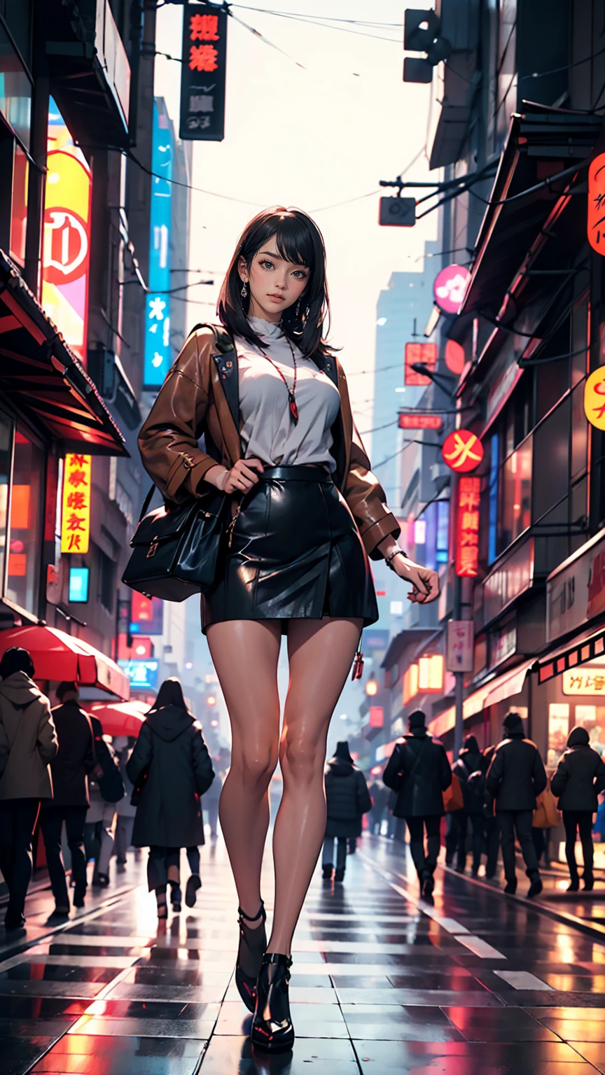 Anime girl standing on a city street wearing a leather skirt and black erotic underwear, Ilya Kuvshinov with long hair, Guviz style artwork, Anime Art Wallpapers 8K, Art Station「Pysif」Mr. Gwitz, ピシヴArt Stationのグウィズ, Cyberpunk anime art