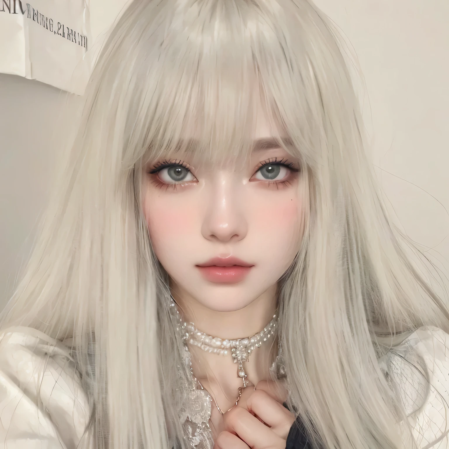 um close de uma mulher com longos cabelos loiros e um colar, retrato realista kawaii, Ulzzang, no art style by bowater, artwork in the style of Guweiz, com cabelo branco, realism art style, estilo de arte realista, Guweiz, rosto bonito de cabelo branco, 🤤 retrato de , longos cabelos brancos e franja
