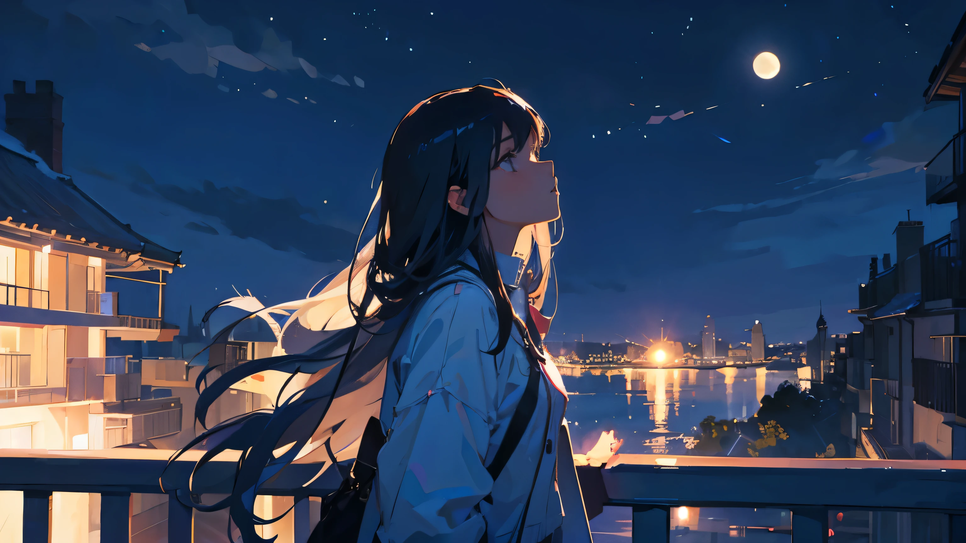 Cool girl looking up outside on the balcony　Long Hair　Night Sky　Looks lonely　I can see the moon　high resolution