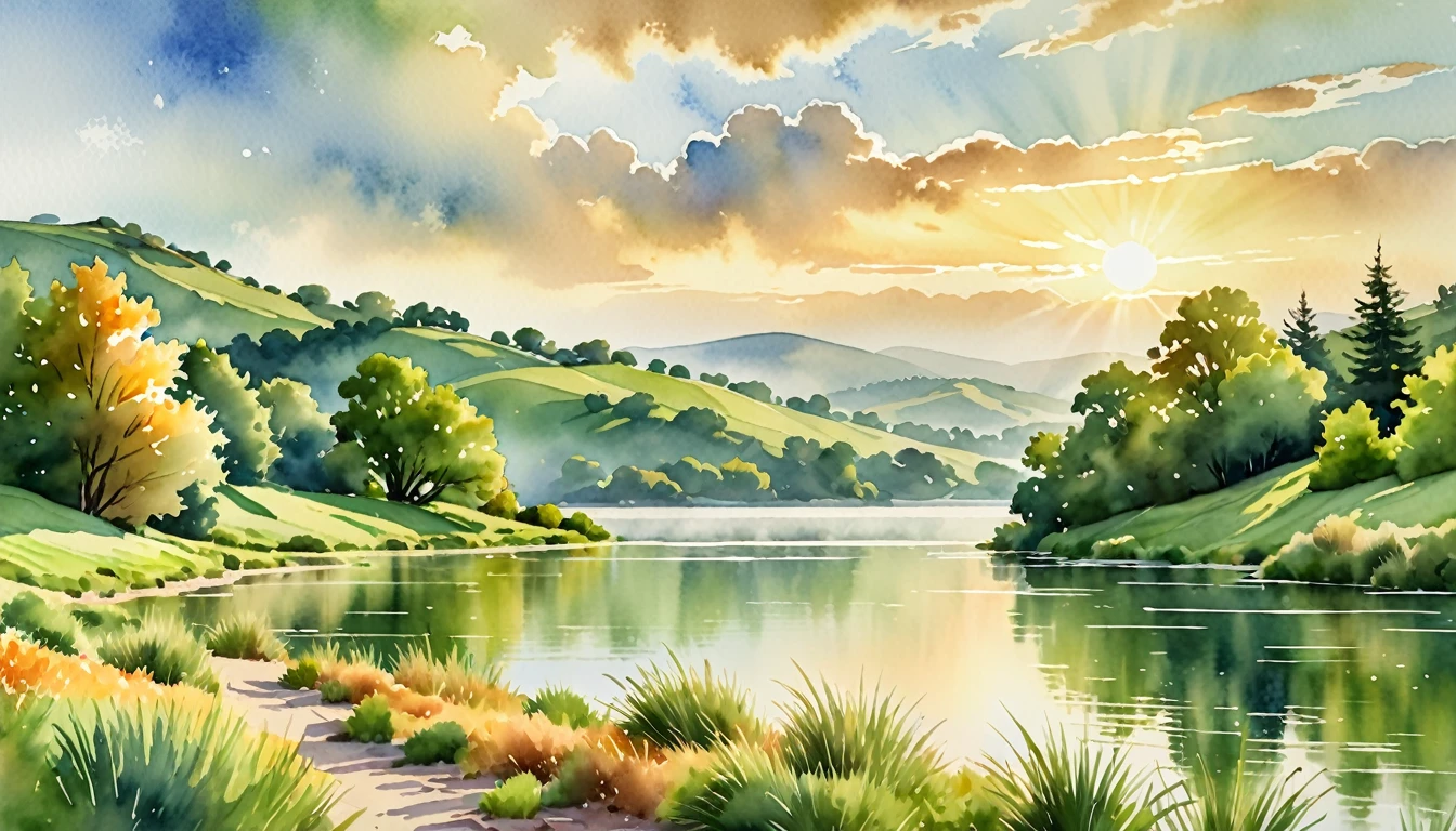 a serene watercolor landscape, rolling green hills, tranquil lake, wispy clouds, warm golden sunlight, lush foliage, detailed textures, soft brushstrokes, muted color palette, atmospheric perspective, (best quality,4k,8k,highres,masterpiece:1.2),ultra-detailed,(realistic,photorealistic,photo-realistic:1.37),landscape,watercolor,natural lighting,mist,soft focus,plein air painting,vibrant colors