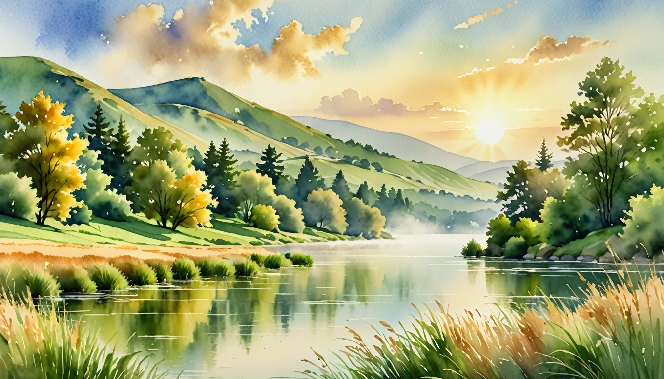 a serene watercolor landscape, rolling green hills, tranquil lake, wispy clouds, warm golden sunlight, lush foliage, detailed textures, soft brushstrokes, muted color palette, atmospheric perspective, (best quality,4k,8k,highres,masterpiece:1.2),ultra-detailed,(realistic,photorealistic,photo-realistic:1.37),landscape,watercolor,natural lighting,mist,soft focus,plein air painting,vibrant colors