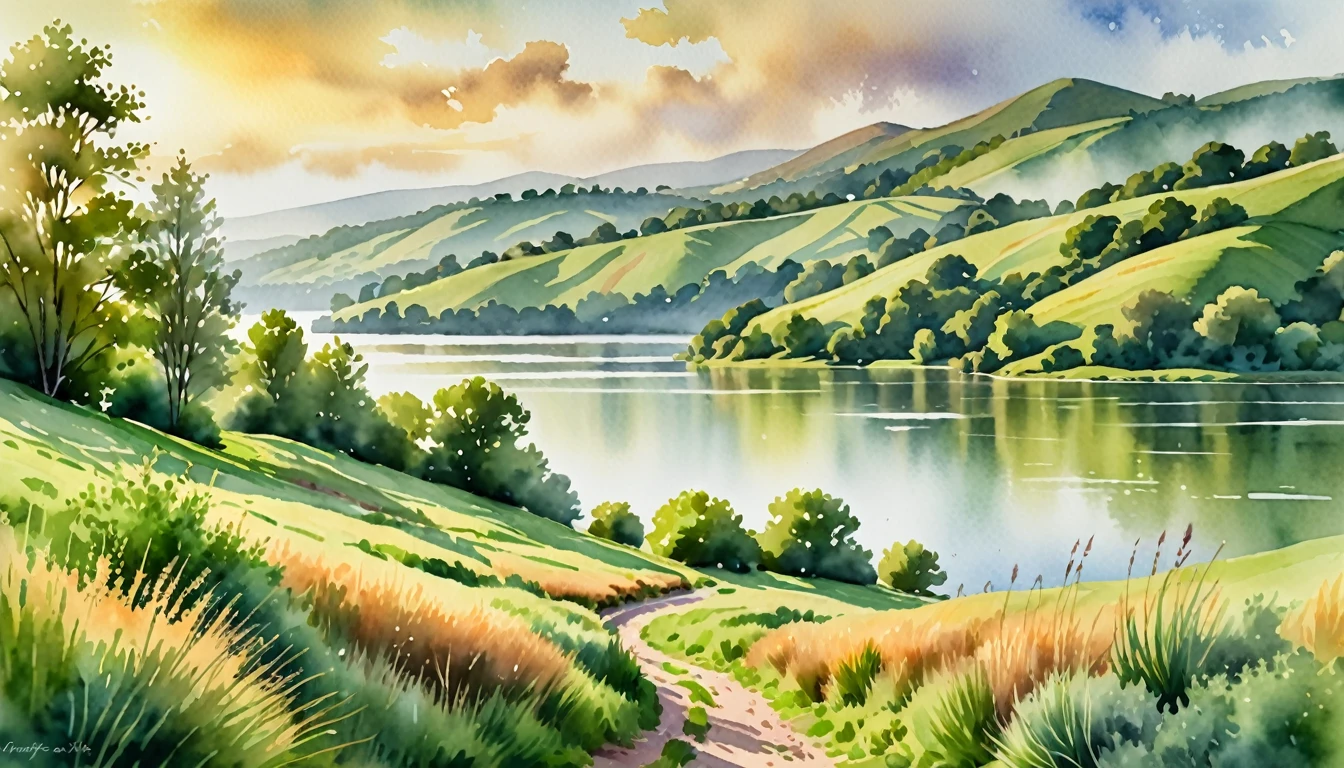 a serene watercolor landscape, rolling green hills, tranquil lake, wispy clouds, warm golden sunlight, lush foliage, detailed textures, soft brushstrokes, muted color palette, atmospheric perspective, (best quality,4k,8k,highres,masterpiece:1.2),ultra-detailed,(realistic,photorealistic,photo-realistic:1.37),landscape,watercolor,natural lighting,mist,soft focus,plein air painting,vibrant colors