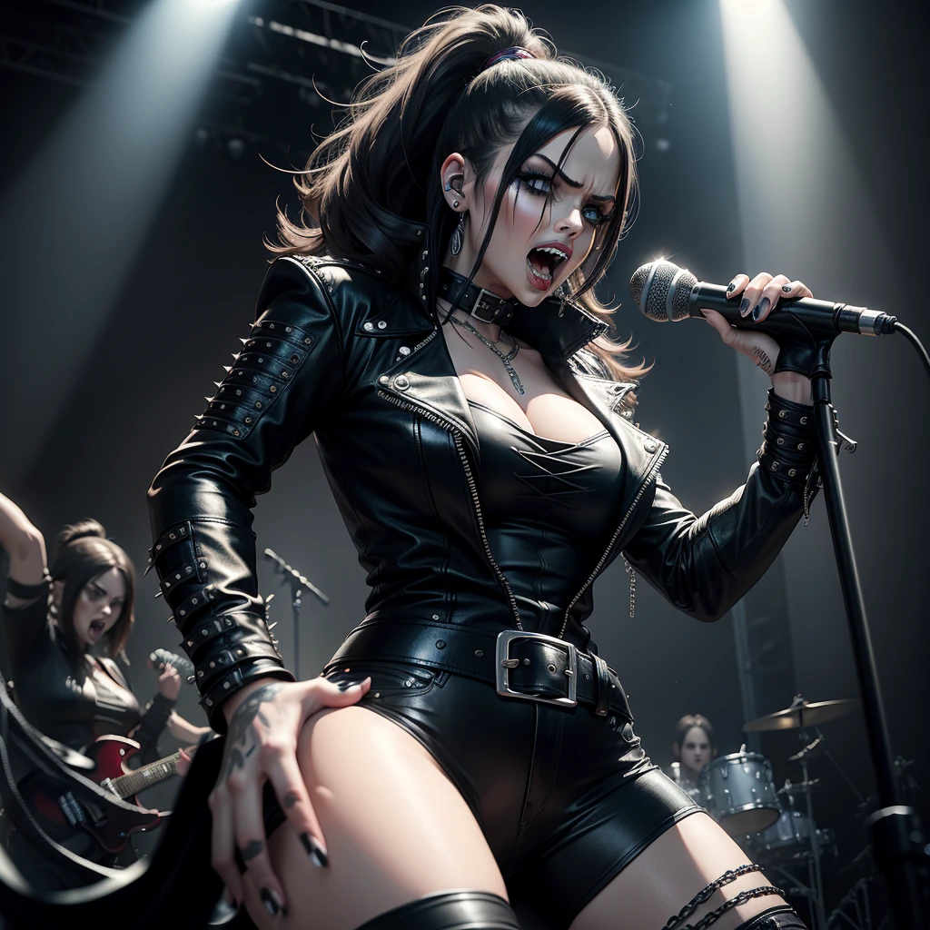 Heavy metal, biker chick with chains and spikes, ferocious expression, powerful female rock star, black leather, dressed in black leather jacket and torn jeans, dark eyeliner and black lipstick, heavy music, fierce woman, standing tall, woman solo screaming singing , female singer of metal, woman playing the guitar, electric guitar made of metal, flames on stage, female rocker playing a concert,