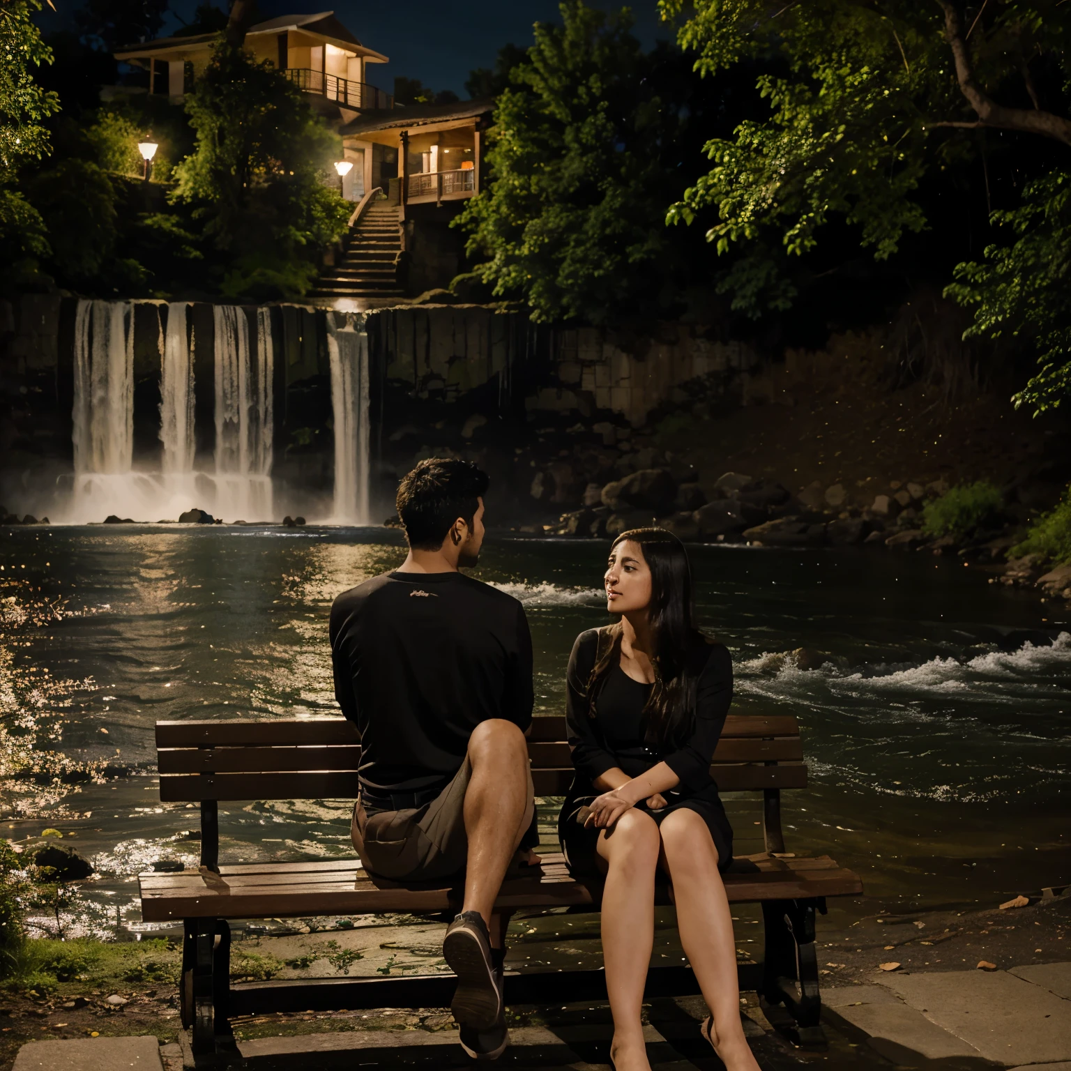 A man and girl in a night with beautiful sky near water falls walks towards the falls and sit in a bench under a tree