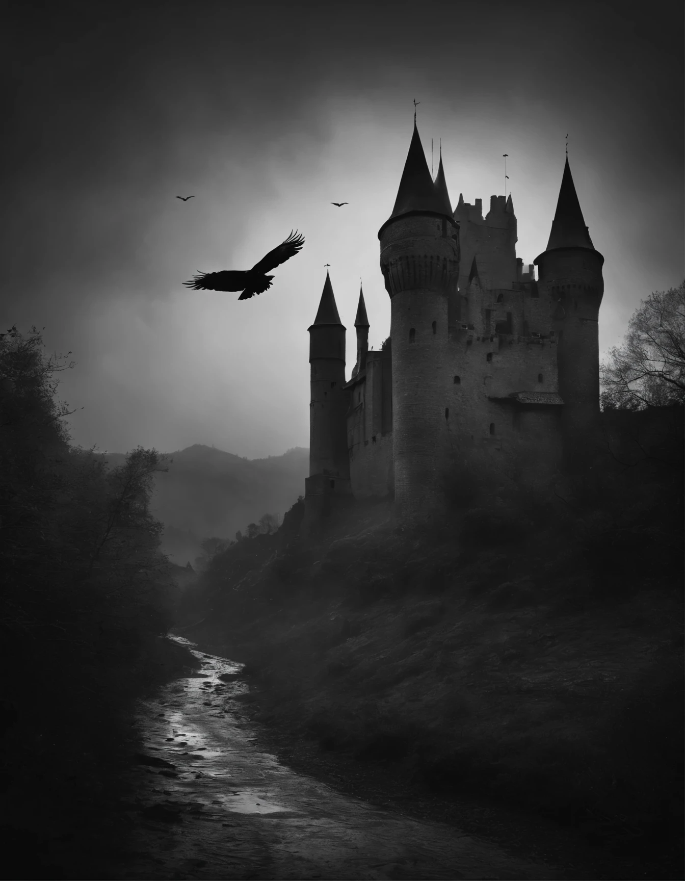 a black and white photo of a castle surrounded by crows, a matte painting by Auseklis Ozols, tumblr, gothic art, ominous gothic aesthetic, gothic atmosphere, dark fantasy setting, fantasy dark art, dark fantasy mixed with realism, gothic horror vibes, dark and gothic, gothic background, dark fantasy. intricate, gothic fantasy art, dark fantasy art