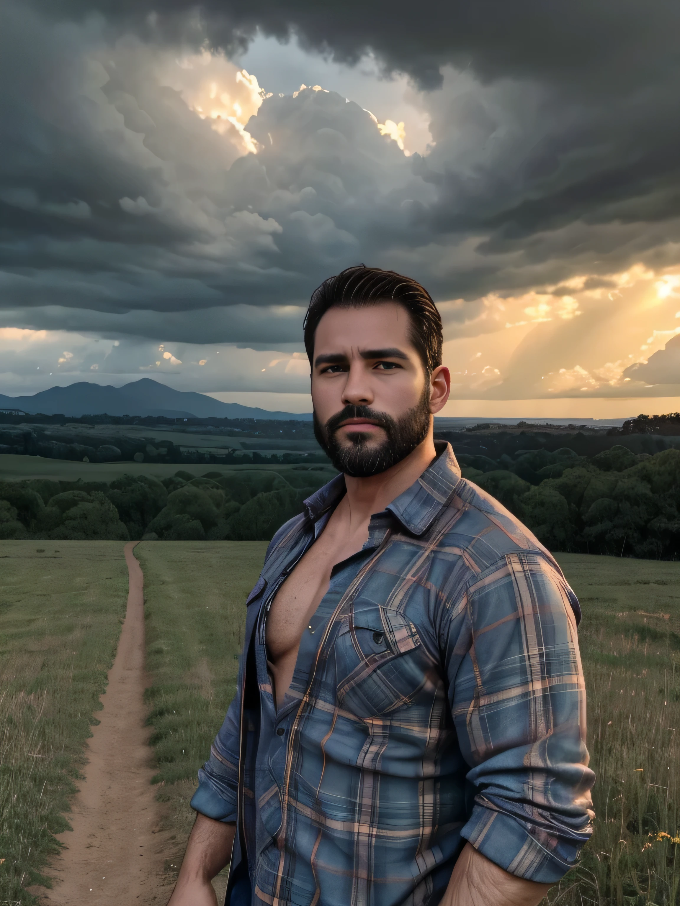 obra maestra, Mejor calidad, high resolution, Retrato de primer plano, (1 chico:1.4) A man in a lumberjack suit, muscular, (con camisa: 1.2) enfoque masculino, enfocarse solo, piel bronceada, 38-year-old man dressed as a lumberjack., muscular, fuerte, peludo, Masculino, (descamisado: 1.2), al fondo una granja, en una tormenta, amazing composition, Vista frontal, HDR, volumetric lighting, (plano general, desde el frente:1.2) (GS-Macho :1.5) (magnificent landscape:1.2)