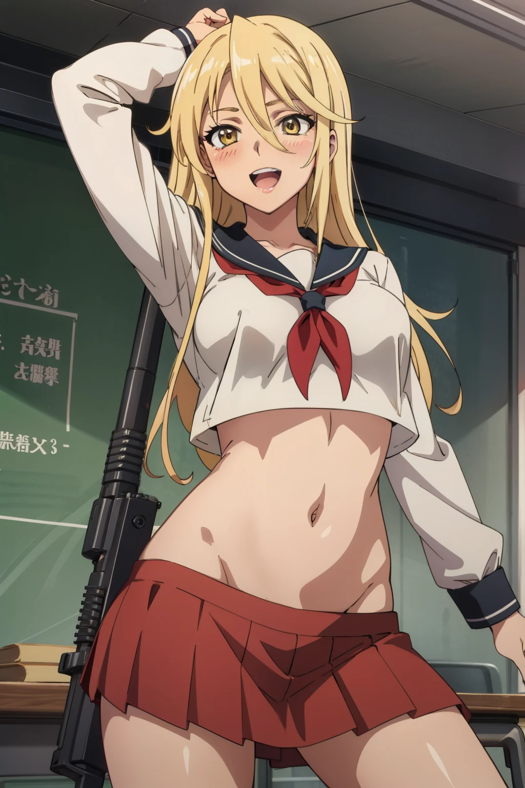 mature female, mature, adult,
 eft_hotd_blonde, 1girl, solo, long hair, blonde hair, large breasts,  very long hair, shirt,  hair between eyes,brown eyes, yellow eyes, blush, lipstick, masterpiece, best quality, highly detailed, a anime girls in sailor uniforms with a gun posing for a picture,
evil smile, smile, open mouth,black_serafuku, ecchi anime style, anime girls , (nsfw) not safe for work,
ecchi style, ecchi, shipgirls, digital anime art!!, high school girls, holding a gun, hold a gun, anime style 4
k, micro skirt, exposed belly, exposed navel, exposed midriff,
exposed lower belly,school, classroom, 