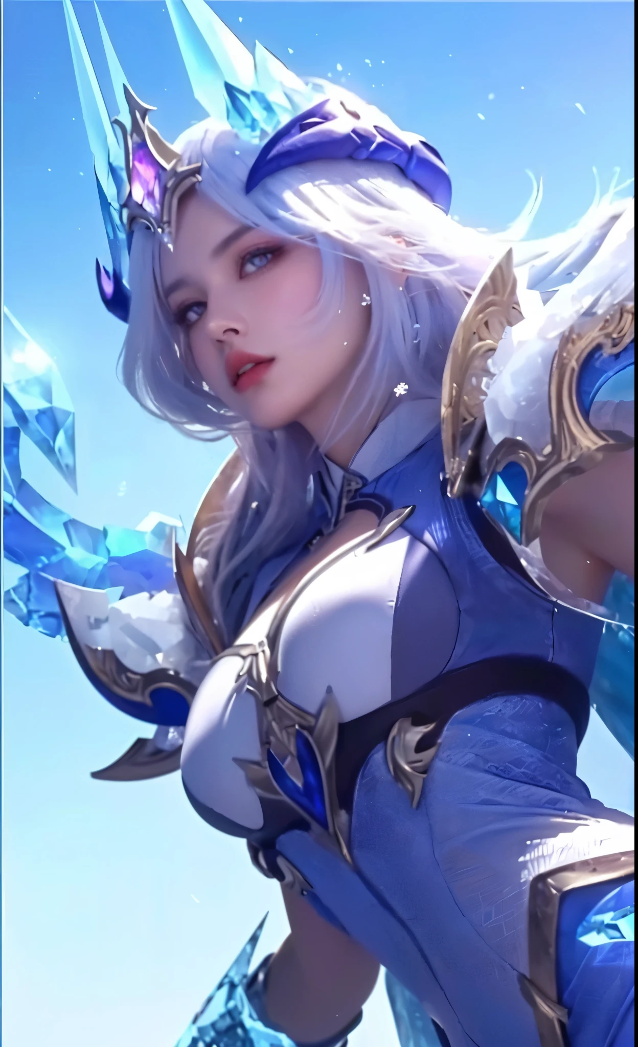 girl with extremely large breasts,long flowing ice blue hair,ice queen,ice sorceress,beautiful detailed eyes,beautiful detailed lips,extremely detailed face and eyes,intricate ice crystal patterns,magical ice storm,dramatic lighting,cold blue color palette,realistic,photorealistic,photo-realistic:1.37,(best quality,8k,highres,masterpiece:1.2),ultra-detailed,vivid colors,fantasy,cinematic,dramatic, rage expression