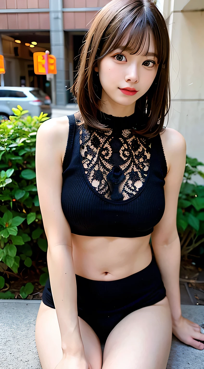(8k, RAW Photos:1.2),Detailed face and eyes,最high quality, 超A high resolution, Very detailed ,Intricate details ,Tabletop ,pretty girl , Soft cinematic light, Hyper Detail,Sharp focus, high quality,Black-haired, Bobcut, outside, knit, panties, Peeking from below