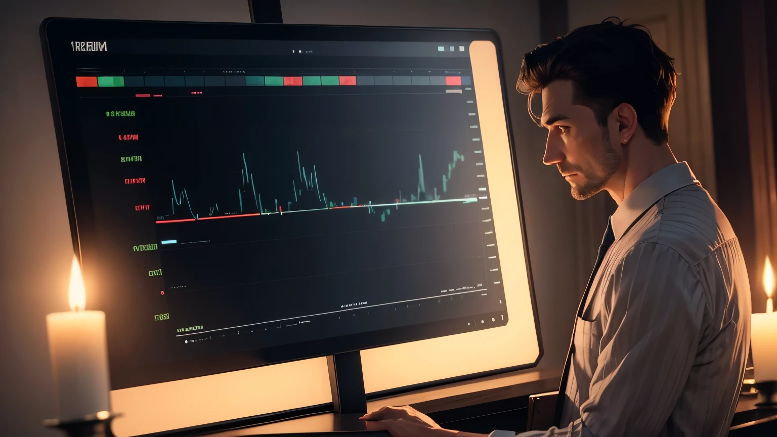 A man stands in front of a chart with glowing candlesticks、A man is using a tablet、In the background, a full-screen exchange chart