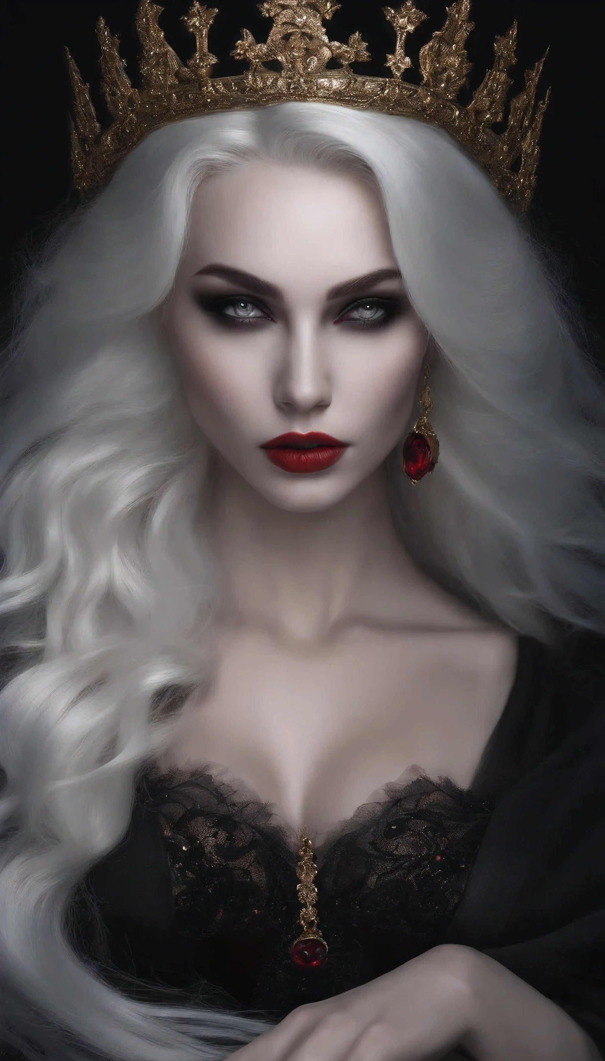 Realistic photo, vampire girl with wavy and disheveled bright white hair, well-defined cheekbones, Perfect pale skin, detailed dark mascara, beautiful eyes, black pupils of eyes, red irises of the eyes, beautiful lush eyelashes, in a short black dress, black as night, with stars on his head., facing the temple, dedicated to herself, with gothic details, Gold & Silver, beautiful big breasts, She's spattered with blood, there is darkness around her