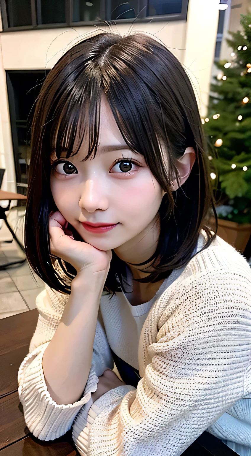 (8k, RAW Photos:1.2),Detailed face and eyes,最high quality, 超A high resolution, Very detailed ,Intricate details ,Tabletop ,pretty girl , Soft cinematic light, Hyper Detail,Sharp focus, high quality,Black-haired, Bobcut,  outside, knit, panties, Peeking from below