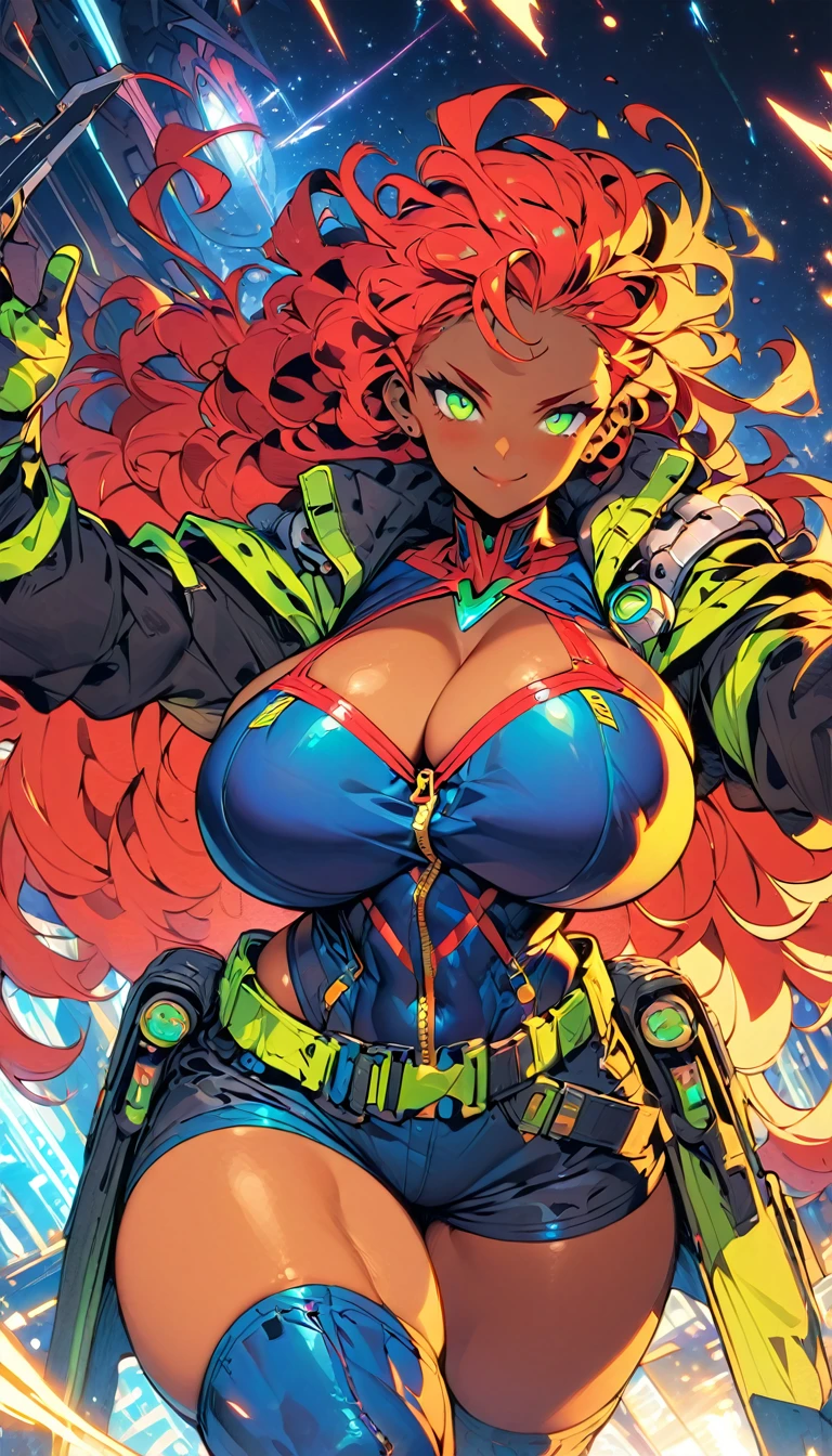 8k_wallpaper, extremely detailed eyes, extremely detailed body, (large masterpiece digital art), (detailed manga illustration), (detailed line art), ((perfect anatomy)), (intricate details:1.3), (ultra-detailed:1.3), (illustration:1.3), (sharp focus:1.3), (natural lighting:1.05), (vivid colors:1.3), (masterpiece), (best quality:1.4), (perfect anatomy:1.4), high quality, expressive eyes, full body, detailed face, beautiful face, perfect face, 1 girl, breasts, cleavage, gloves, huge breasts, cyberpunk clothes, jacket, black jacket, very long hair, thigh length hair, ({dark skin}), dark-skinned female ,detailed ((red hair)), messy hair, green eyes, hourglass physique, bodysuit, ultramarine bodysuit, sleeveless, shorts, thick thighs, toned, captain marvel emblem, emblem, superhero, dynamic lighting. dynamic heroic pose, smiling, outer space background, curvy, 