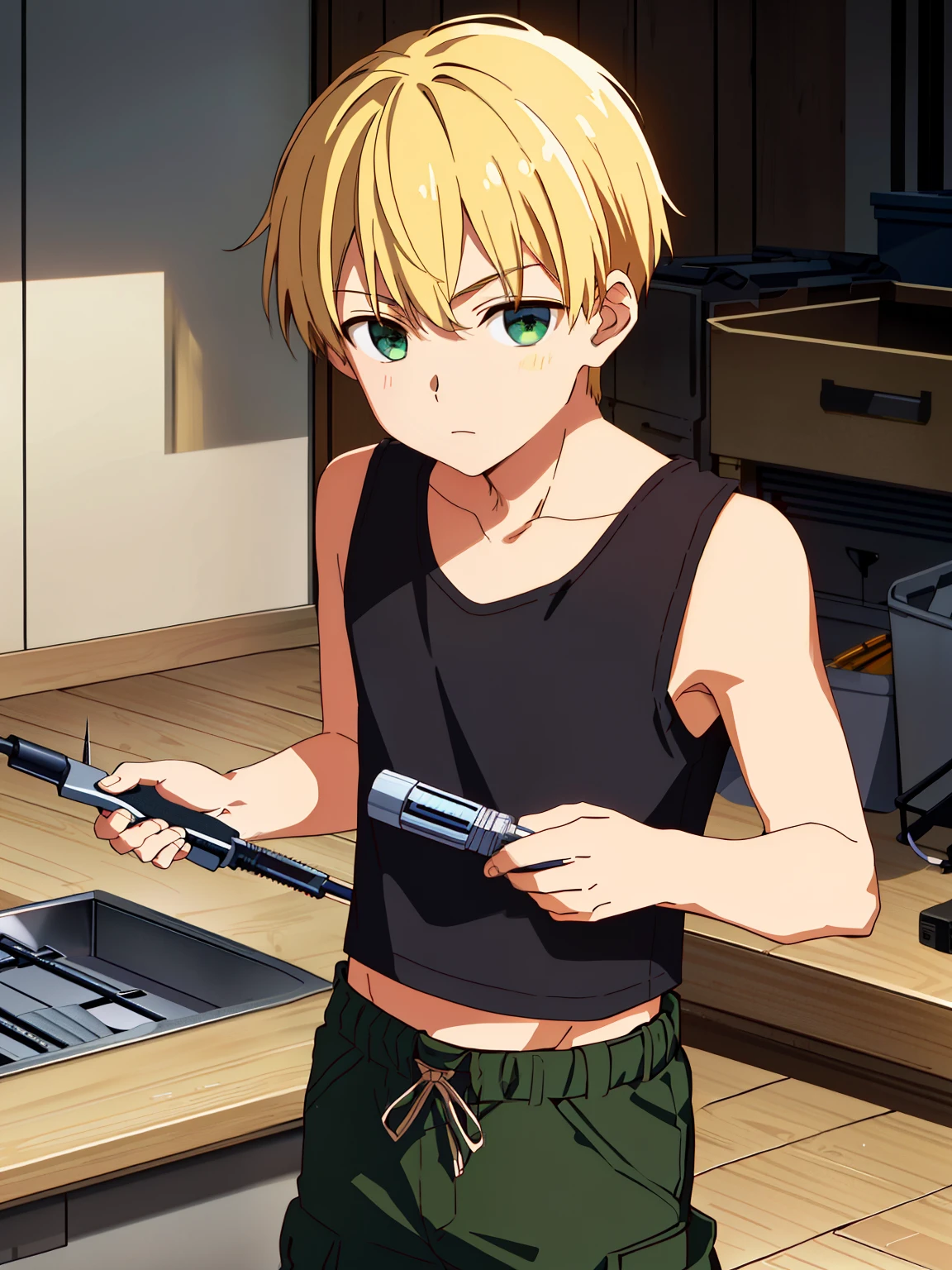 Highres, Masterpiece, Best quality at best,Best Quality,hight quality, hight detailed, 1boy, Boy,spike hair, Side bangs, Shota, Solo person, Tank top, Cargo pants, Blonde, workshop, The boy was carrying a screwdriver, (very young boy), 14-year-old boys, Blurry beckground, bokeh, Uhd
