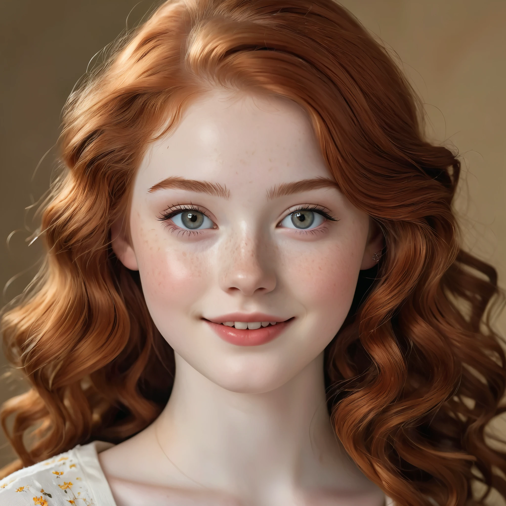 A very beautiful realistic girl, 15-years-old, porcelain skin, most fair skin, very pale skin, red hair, wavy, freckles skin, hazel eyes, thick curved eyebrow, happy face, unique face, detail photo, realistic photo, master piece picture, sharp picture.