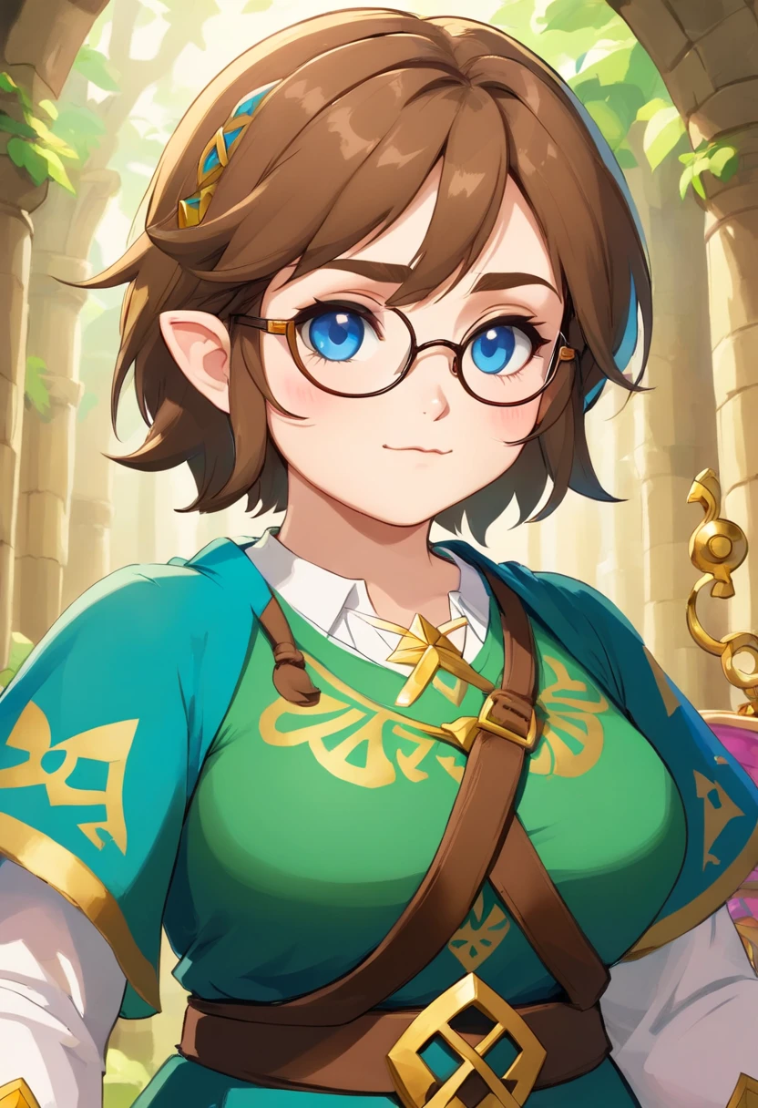 Chubby girl with Brown short hair glasses blue eyes
