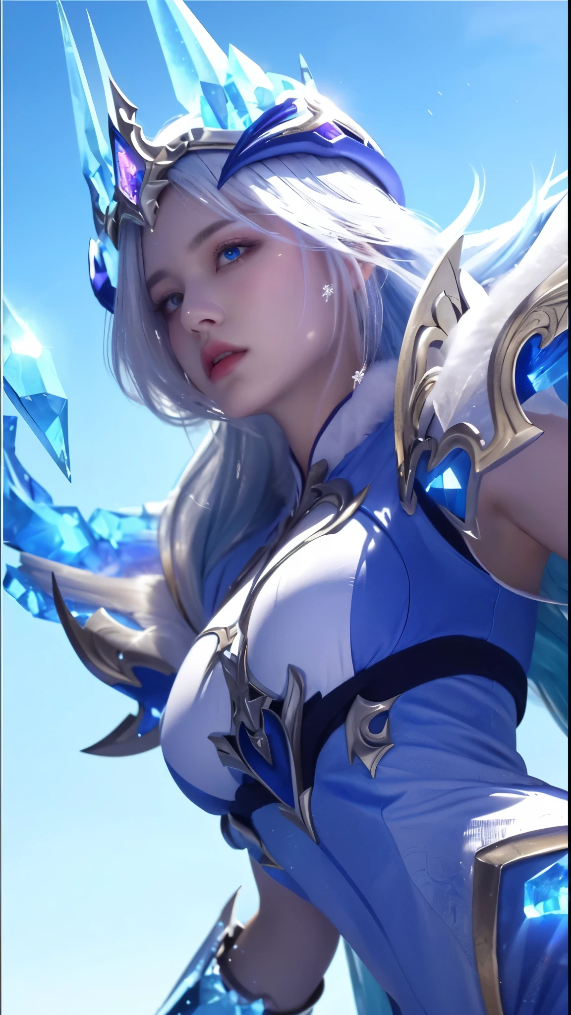 girl with extremely large breasts,long flowing ice blue hair,ice queen,ice sorceress,beautiful detailed eyes,beautiful detailed lips,extremely detailed face and eyes,intricate ice crystal patterns,magical ice storm,dramatic lighting,cold blue color palette,realistic,photorealistic,photo-realistic:1.37,(best quality,8k,highres,masterpiece:1.2),ultra-detailed,vivid colors,fantasy,cinematic,dramatic, rage expression