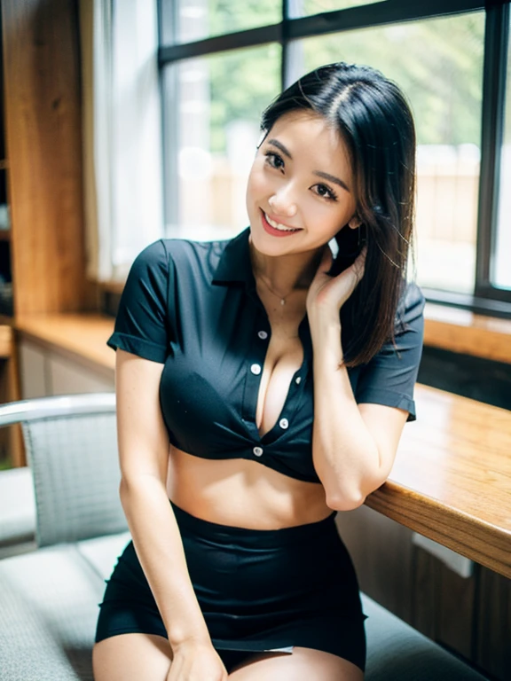 (masterpiece), (best quality), 8k, highres, intricate detailed, highly detailed, detailed background, depth of field, film grain, MILF, 1 ultra hot girl, solo, beautiful japanese mature woman, mature sexy female, ponytail, black hair, brown eyes, blush, gloss lips, (smirk:1.2), large breasts, sexy body, white collared unbuttoned shirt, tight short sleeves, black tight short skirt, thigh highs, looking at viewer, sitting, crossed legs, tempting pose, indoors, classroom, sexy damp , nice sexy cleavage