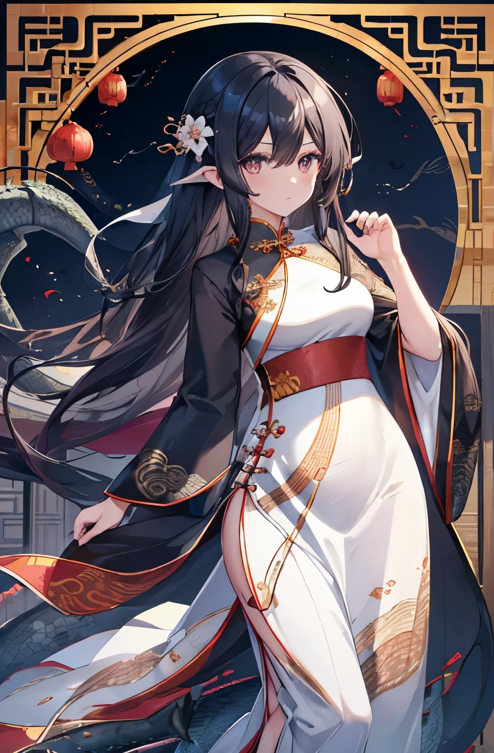 Shiny Hair, Black Hair, long hair, Curly hair, Beauty, ((((Dragon pattern white Chinese dress))), beautiful, looking at the camera, Background night moon flower, high quality