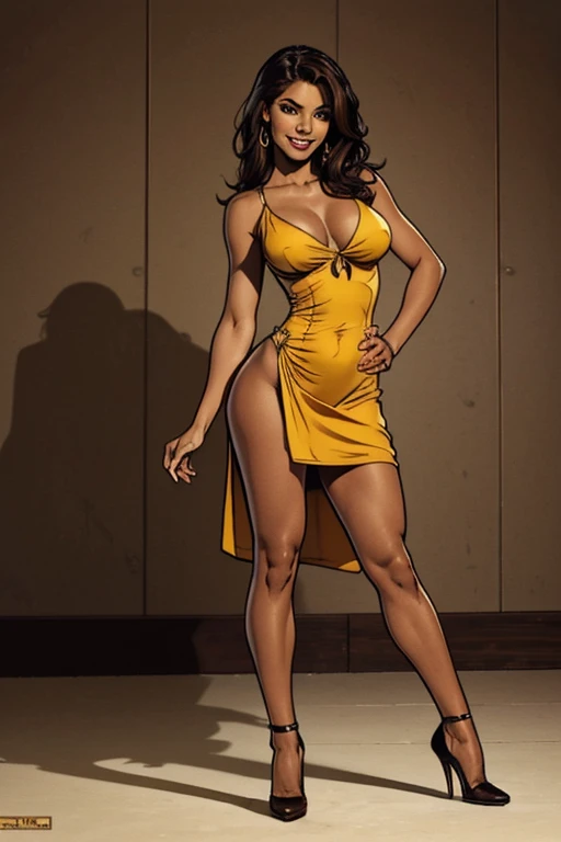 (full body:1.4), sexy 21 yo woman,(Mexican)descent, dark hair, brown eyes, beautiful athletic figure, natural perky breasts, perfect ass, tan, shapely toned legs, Tasteful long dress, high heels. Flirty smile.